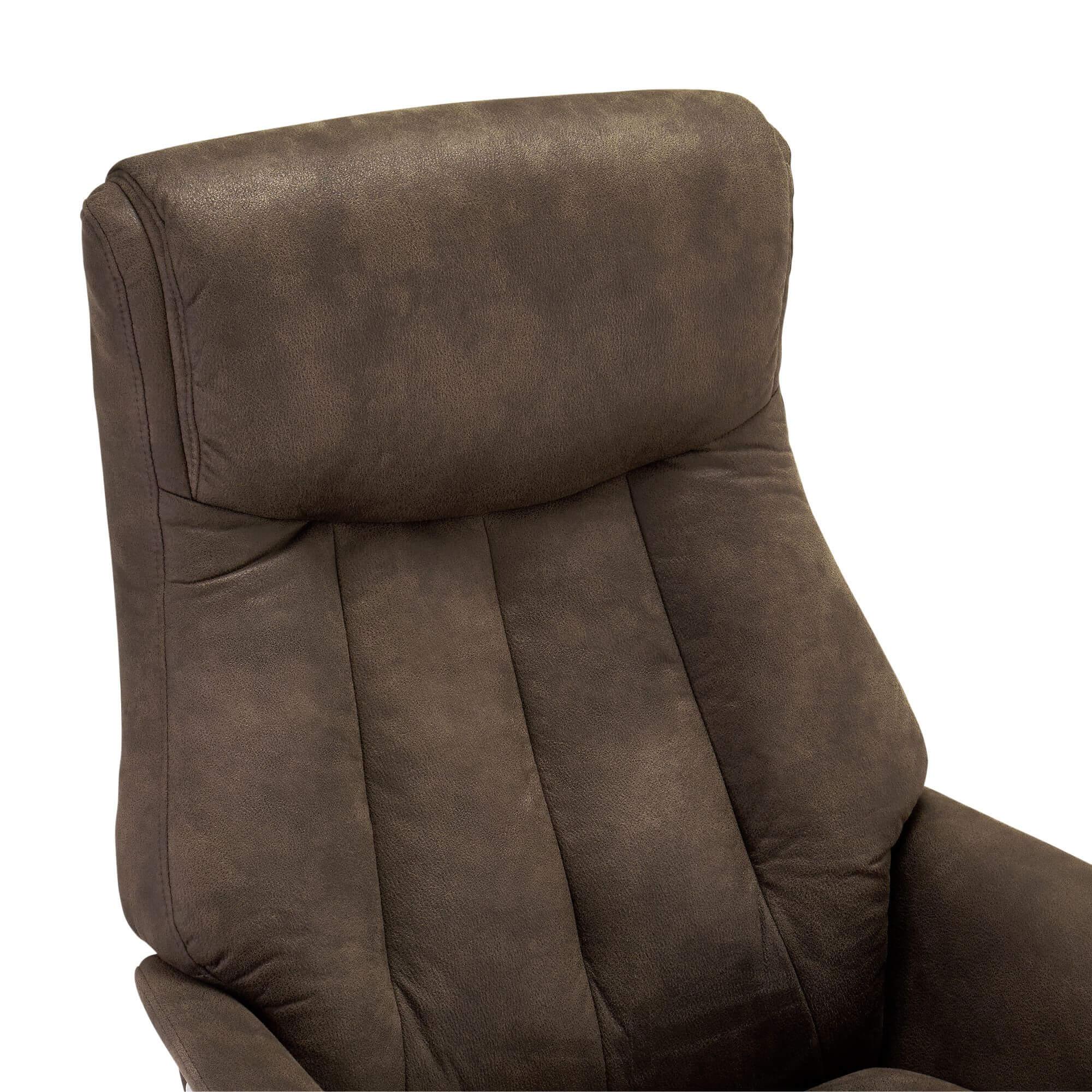 Bilbao Recliner with Footstool in rich brown fabric, showcasing its elegant design and plush seating.