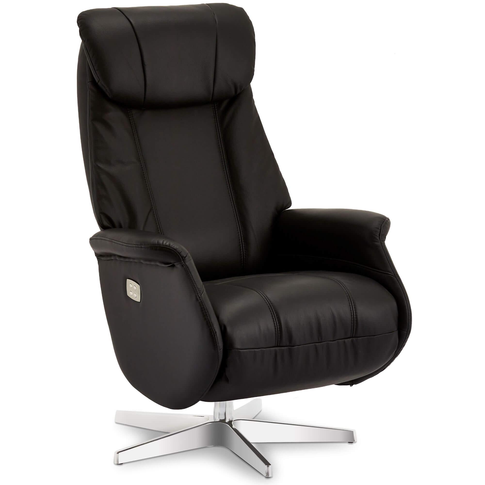 Recliner Bonanza in black leather, showcasing its electric recline feature and plush padding.