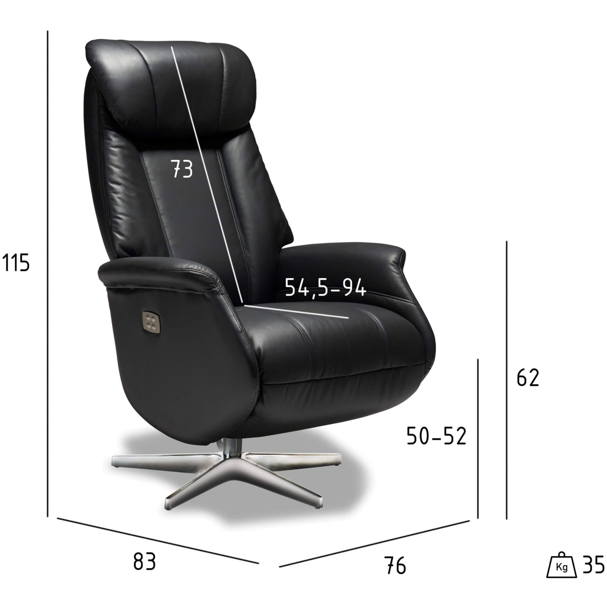 Recliner Bonanza in black leather, showcasing its electric recline feature and plush padding.