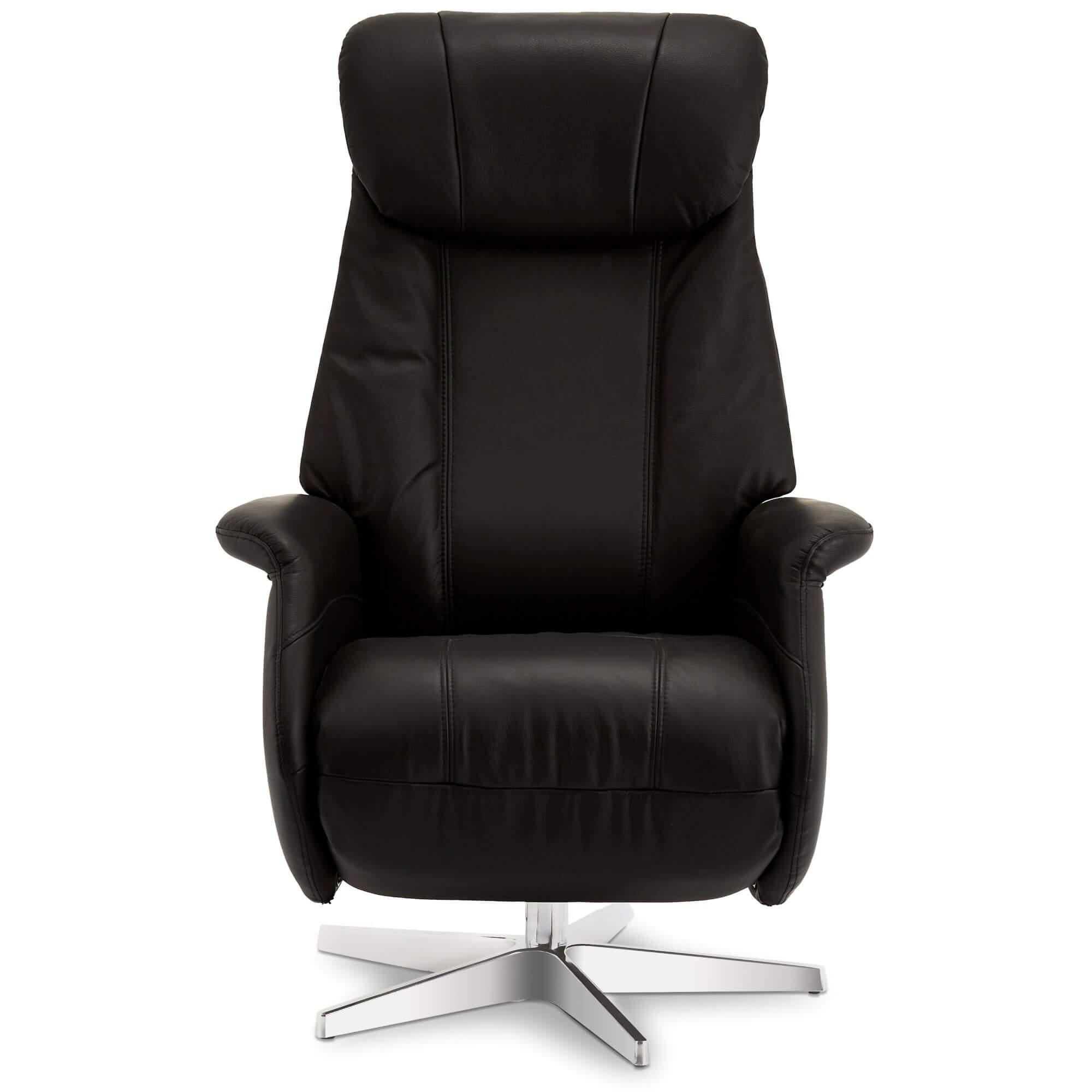 Recliner Bonanza in black leather, showcasing its electric recline feature and plush padding.