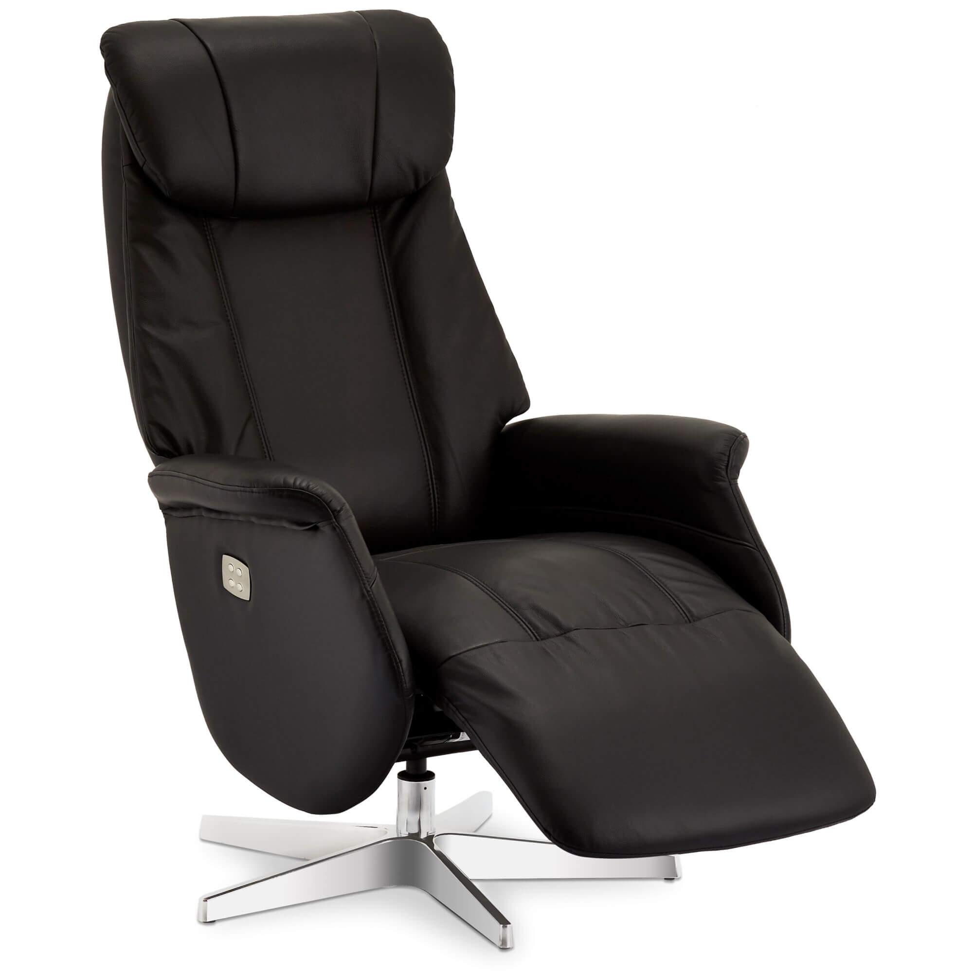 Recliner Bonanza in black leather, showcasing its electric recline feature and plush padding.