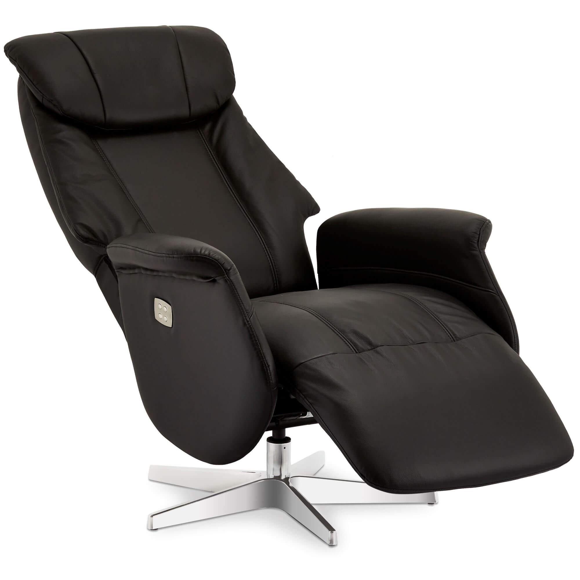 Recliner Bonanza in black leather, showcasing its electric recline feature and plush padding.