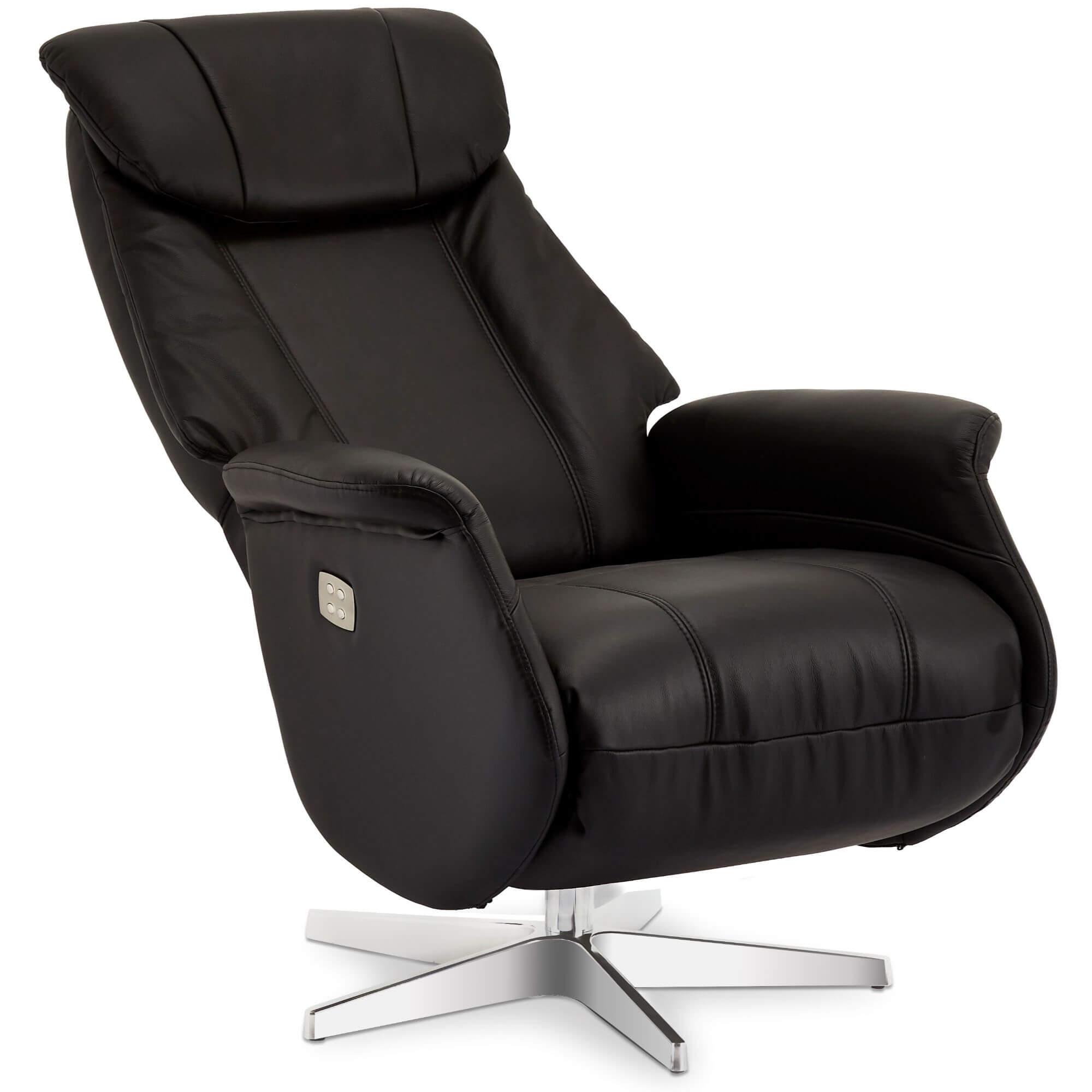 Recliner Bonanza in black leather, showcasing its electric recline feature and plush padding.