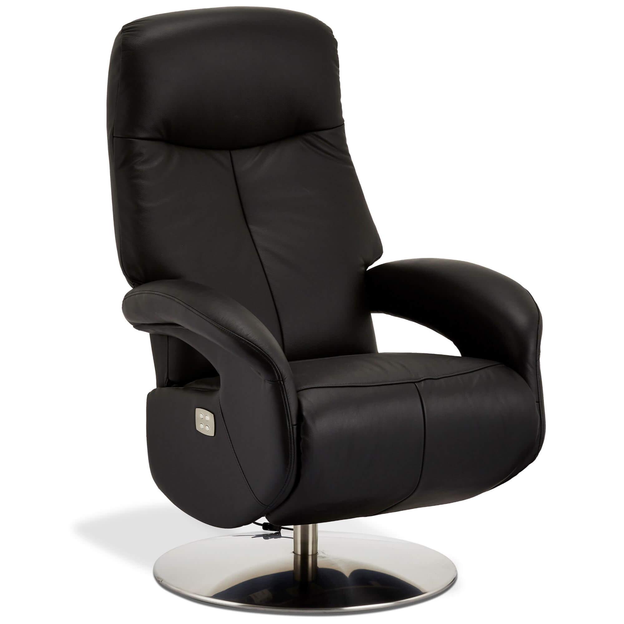 A luxurious black leather electric recliner with rich padding and a swivel seat, perfect for relaxation.