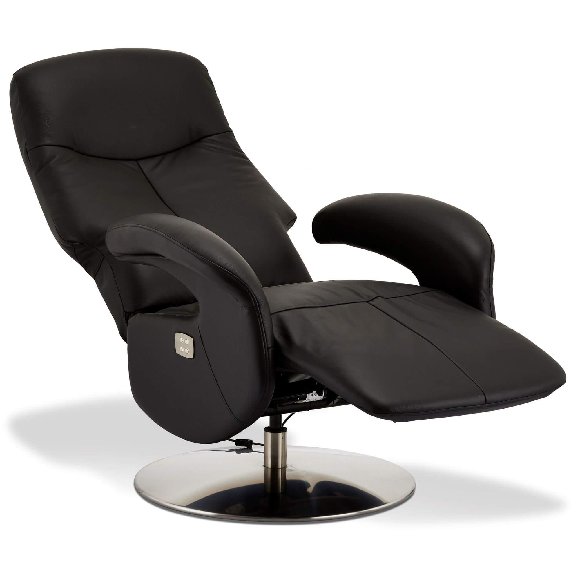 A luxurious black leather electric recliner with rich padding and a swivel seat, perfect for relaxation.