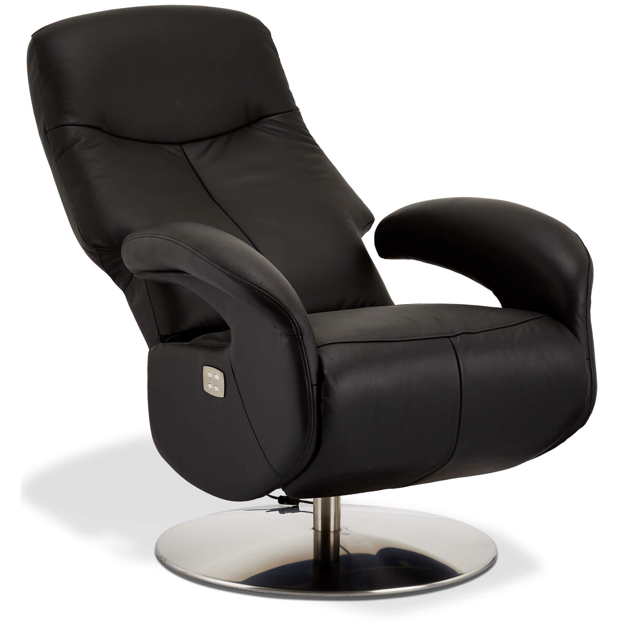 A luxurious black leather electric recliner with rich padding and a swivel seat, perfect for relaxation.