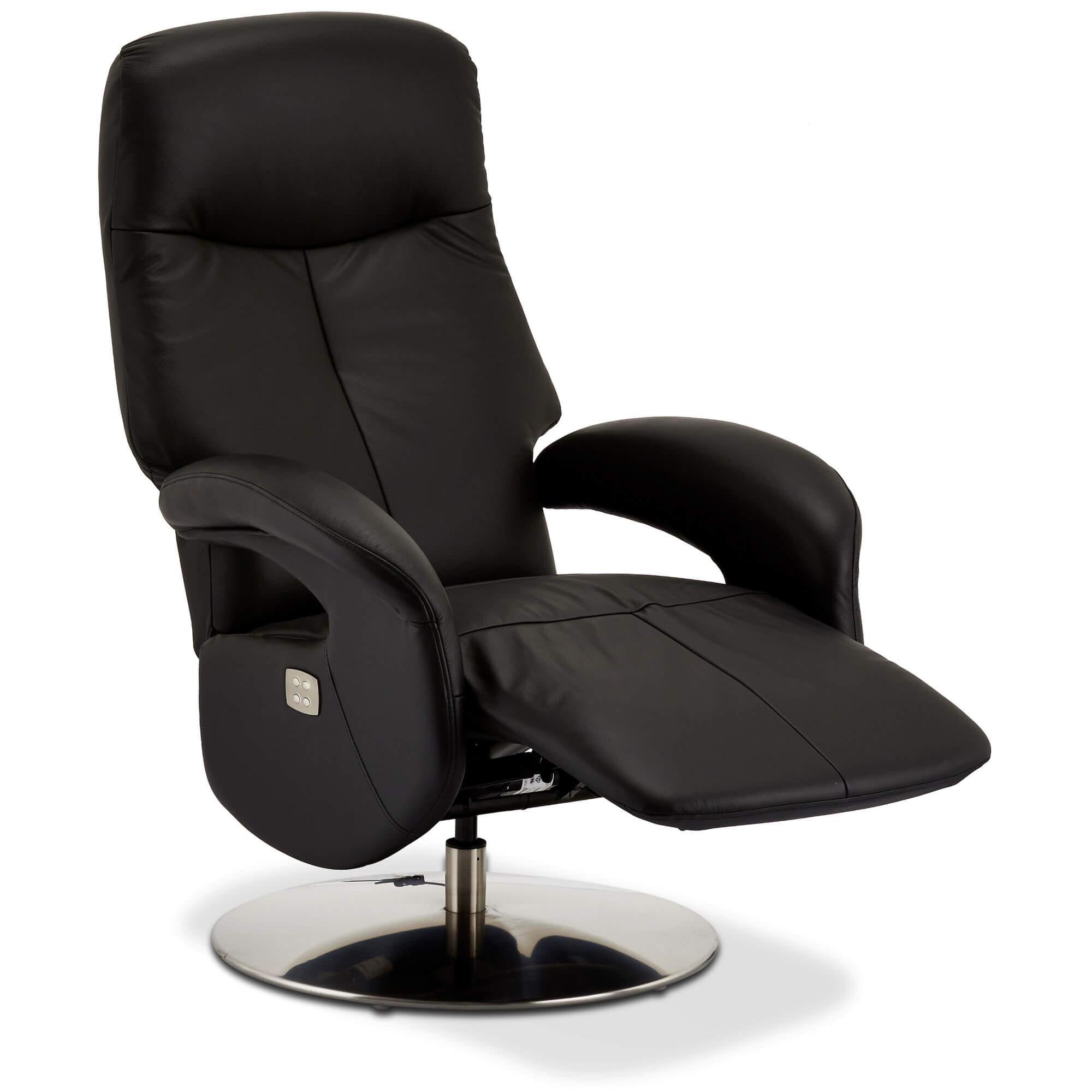 A luxurious black leather electric recliner with rich padding and a swivel seat, perfect for relaxation.