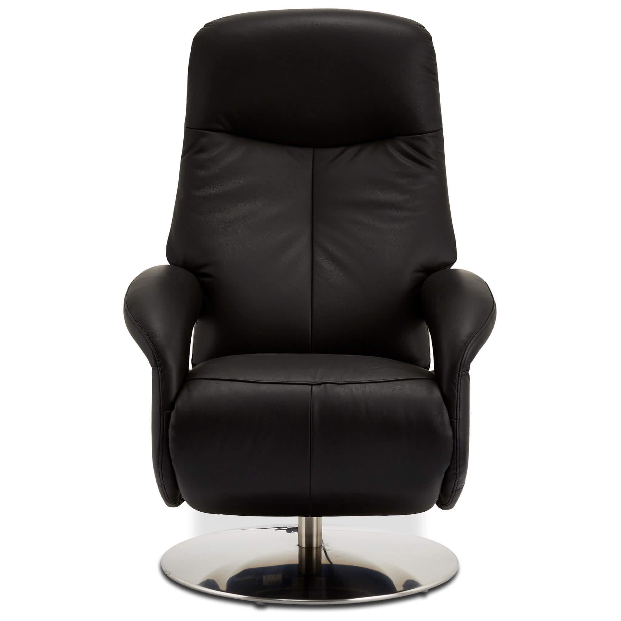 A luxurious black leather electric recliner with rich padding and a swivel seat, perfect for relaxation.