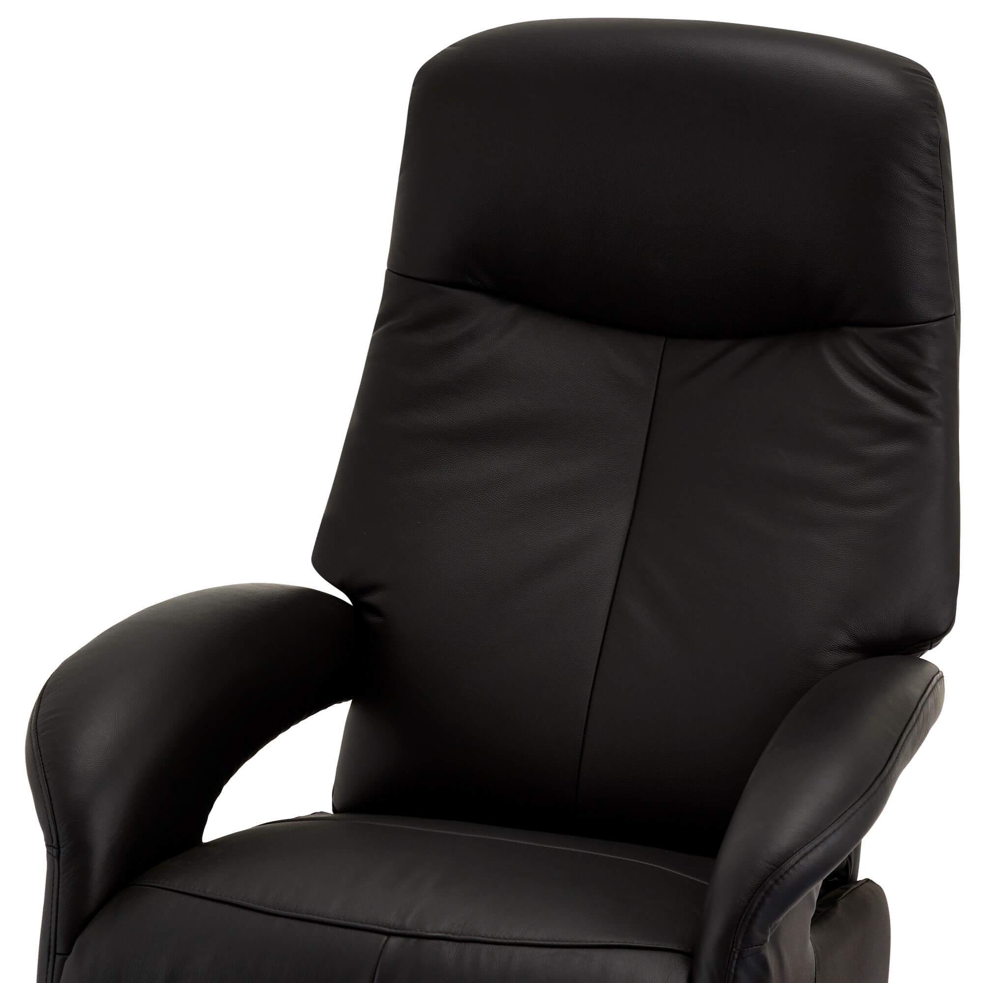 A luxurious black leather electric recliner with rich padding and a swivel seat, perfect for relaxation.