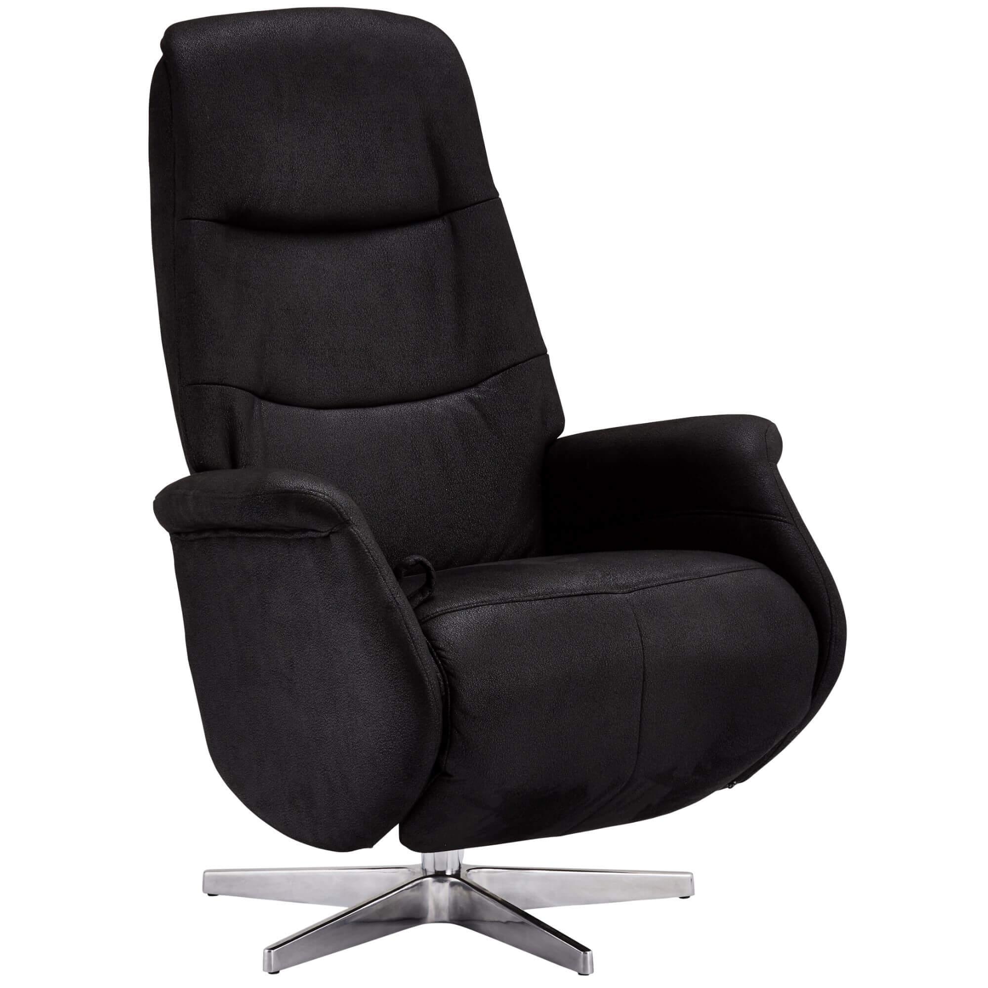 Delta Black Fabric Recliner featuring a soft-to-touch fabric, 360° swivel seat, and adjustable headrest on a silver metal base.