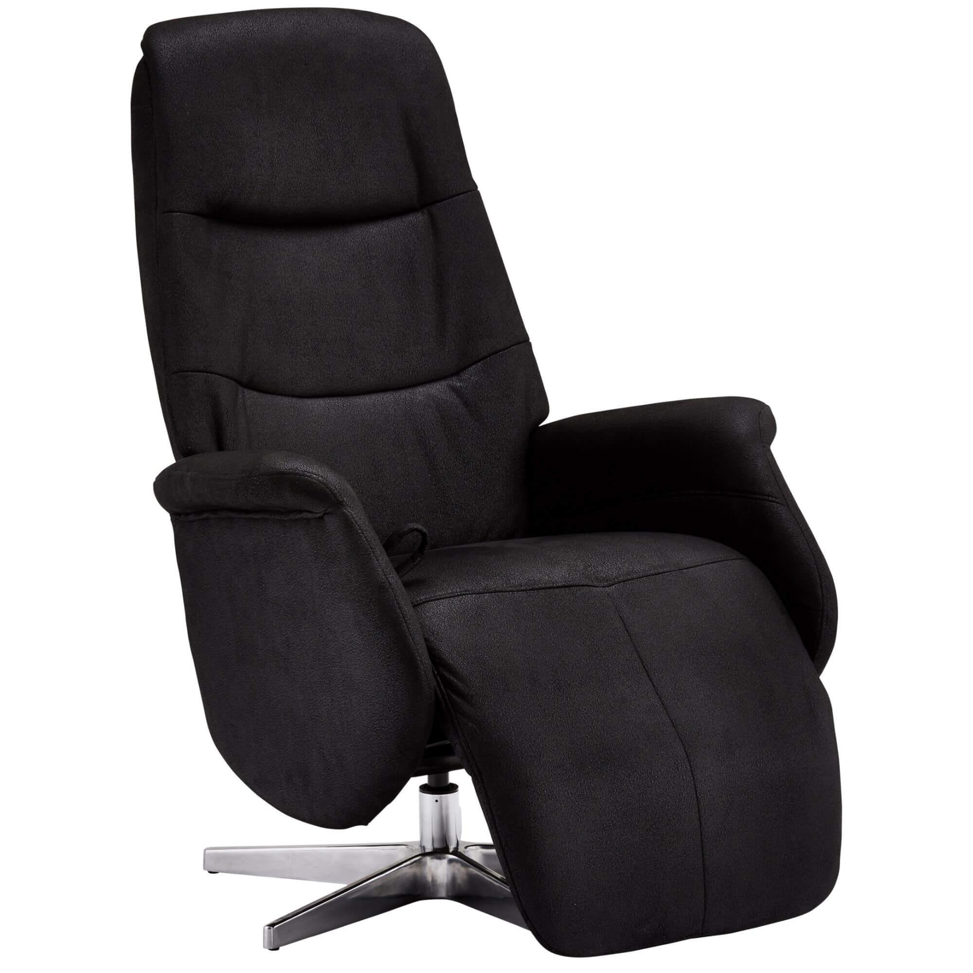 Delta Black Fabric Recliner featuring a soft-to-touch fabric, 360° swivel seat, and adjustable headrest on a silver metal base.