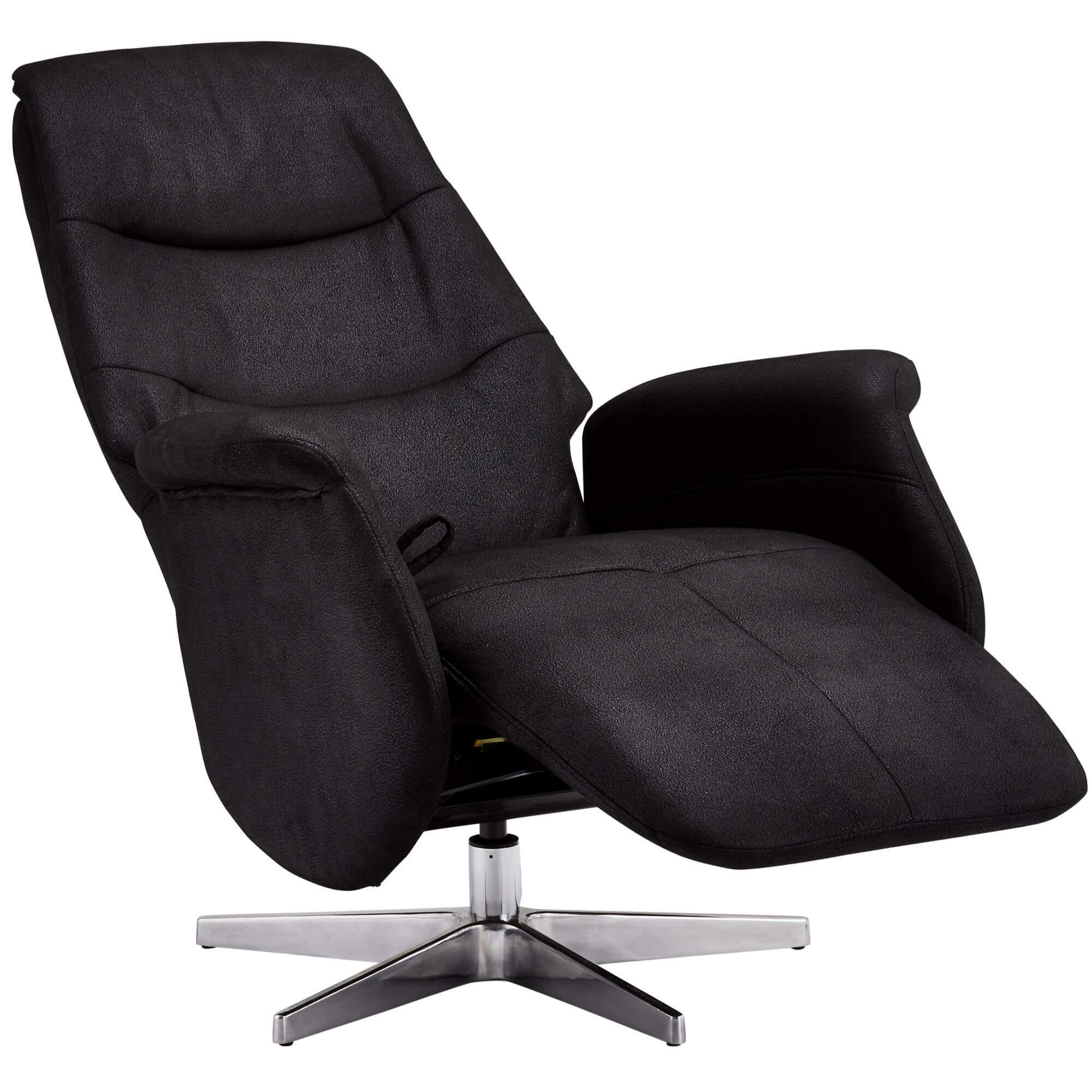 Delta Black Fabric Recliner featuring a soft-to-touch fabric, 360° swivel seat, and adjustable headrest on a silver metal base.