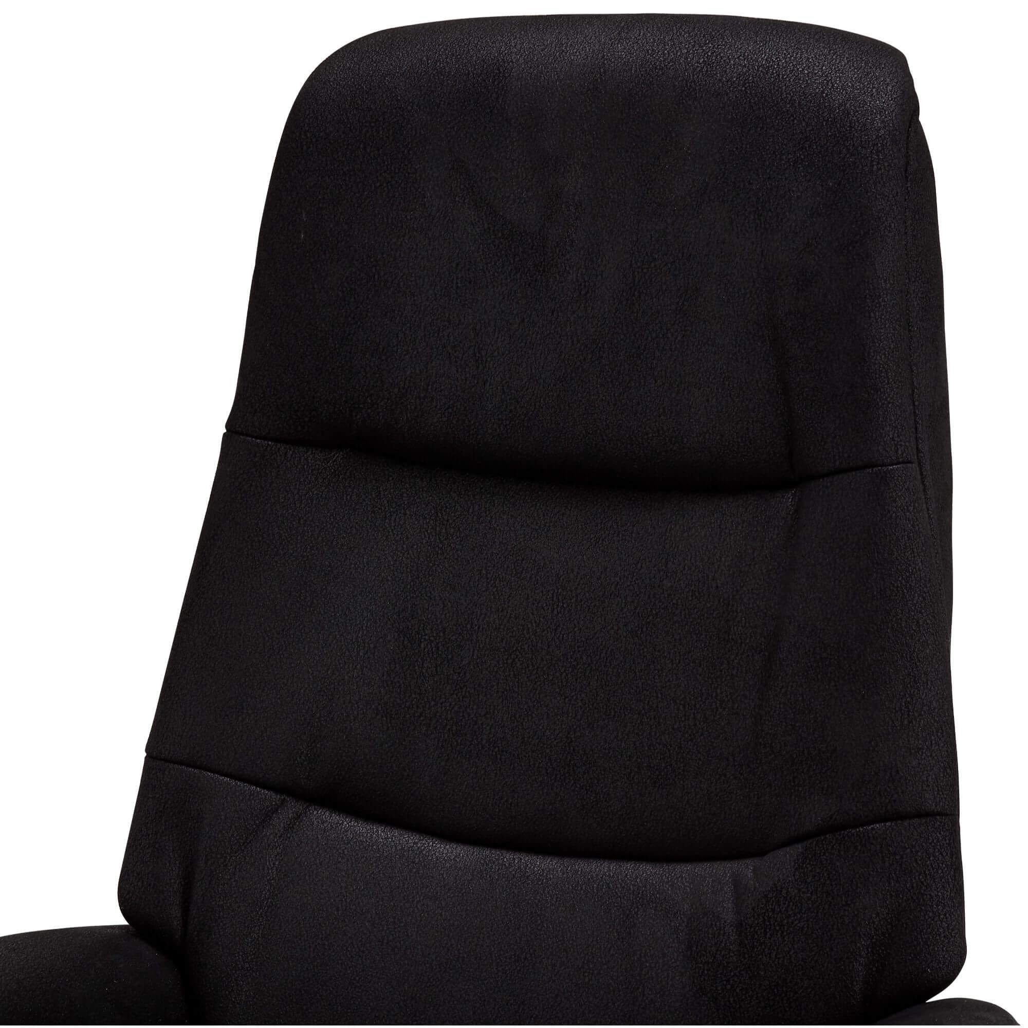 Delta Black Fabric Recliner featuring a soft-to-touch fabric, 360° swivel seat, and adjustable headrest on a silver metal base.