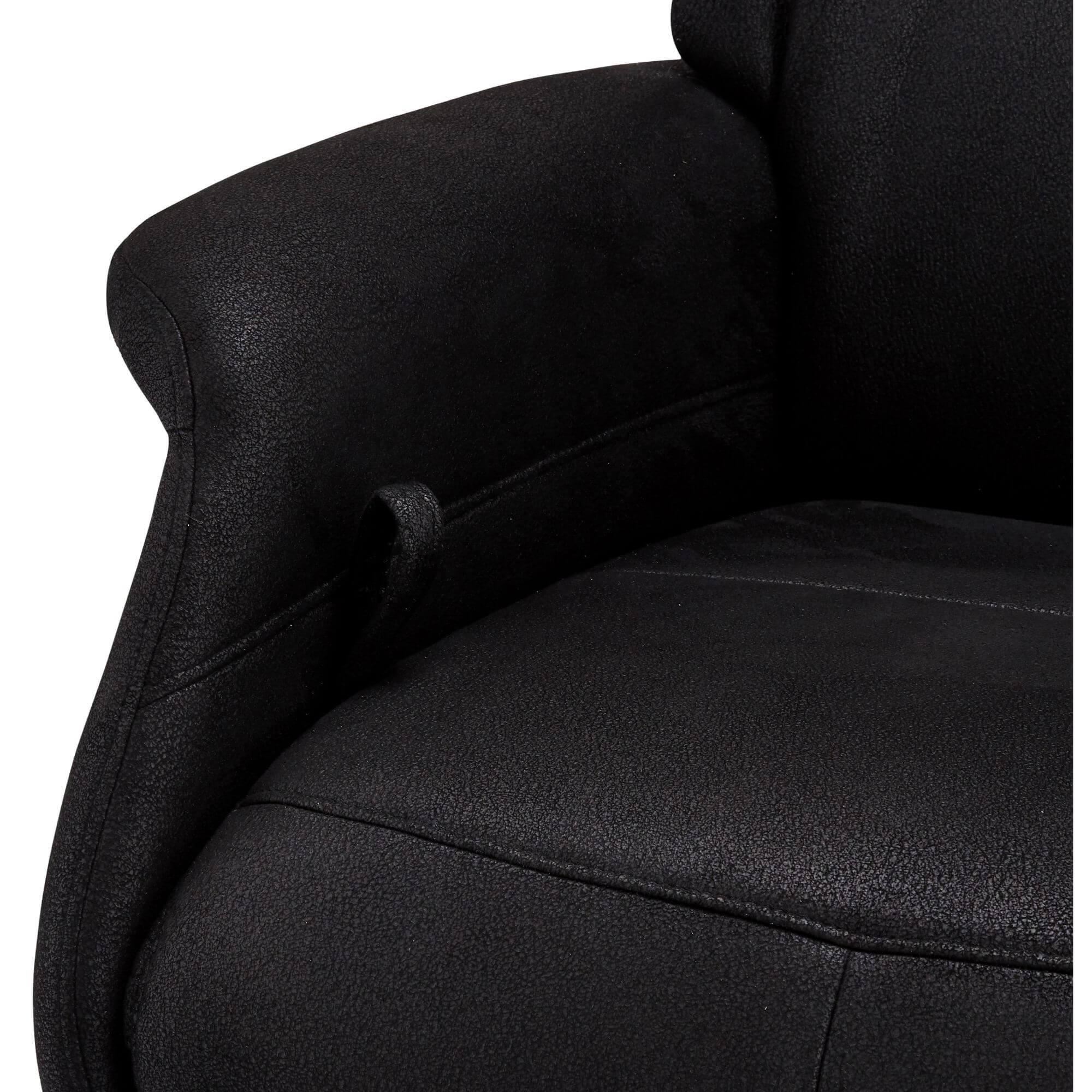 Delta Black Fabric Recliner featuring a soft-to-touch fabric, 360° swivel seat, and adjustable headrest on a silver metal base.