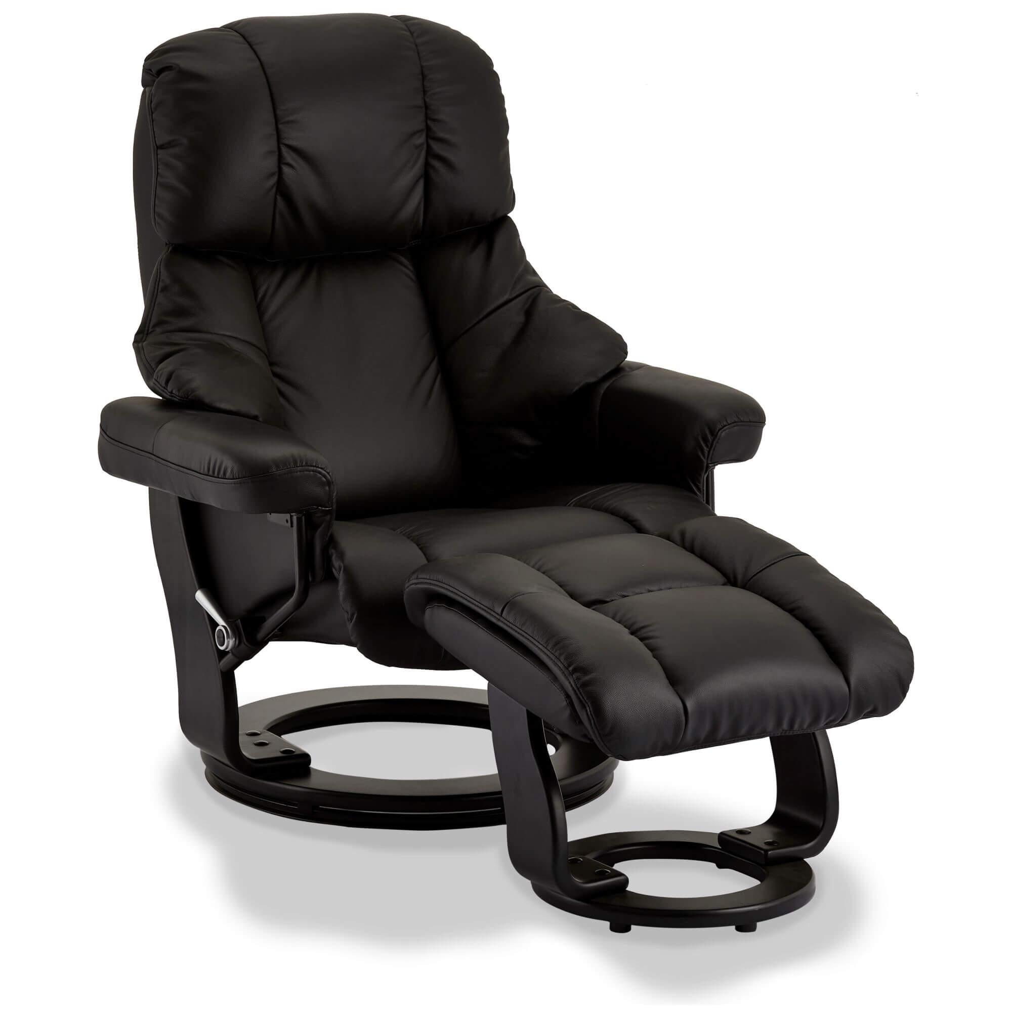 Crown Black Leather Recliner with matching footstool, showcasing elegant design and premium quality materials.