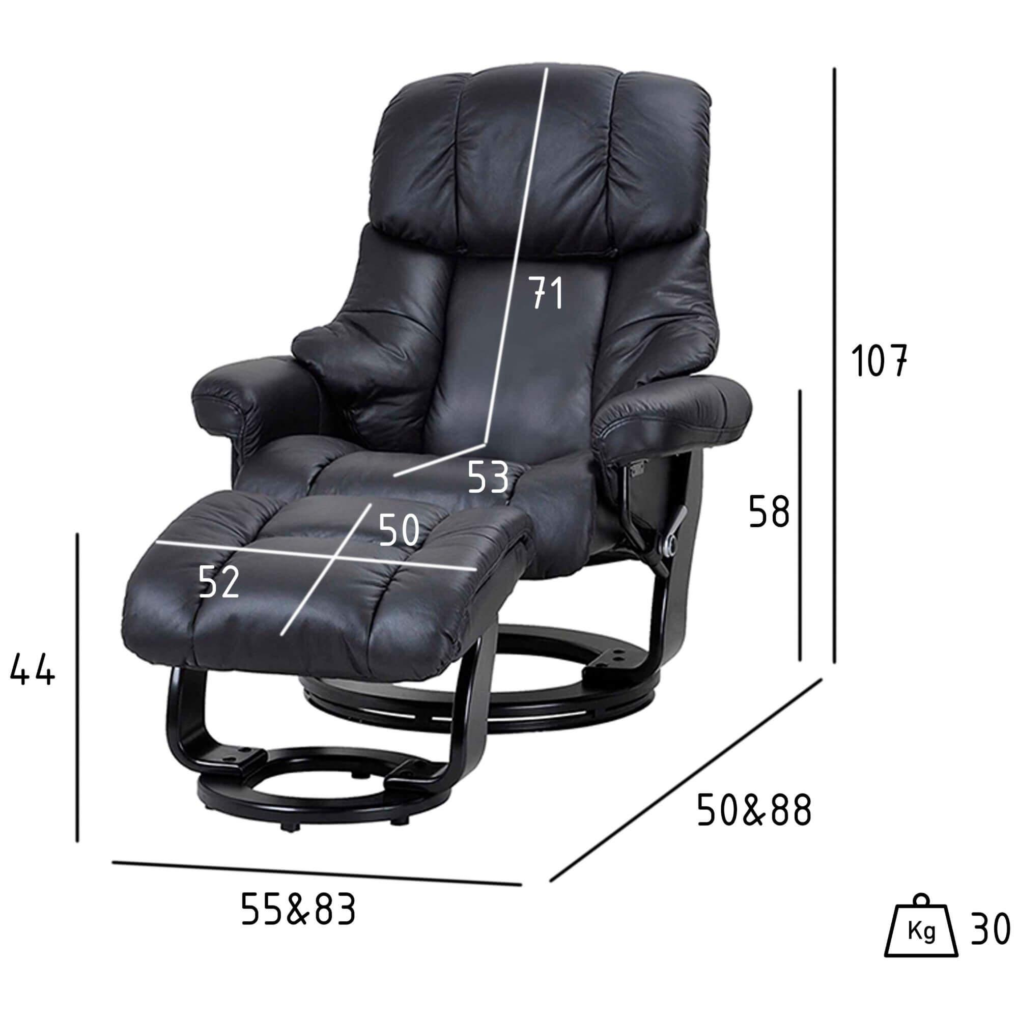 Crown Black Leather Recliner with matching footstool, showcasing elegant design and premium quality materials.