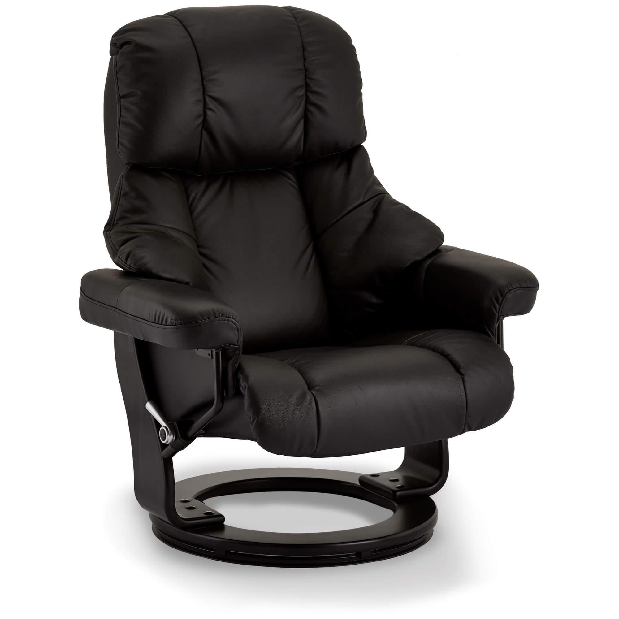 Crown Black Leather Recliner with matching footstool, showcasing elegant design and premium quality materials.