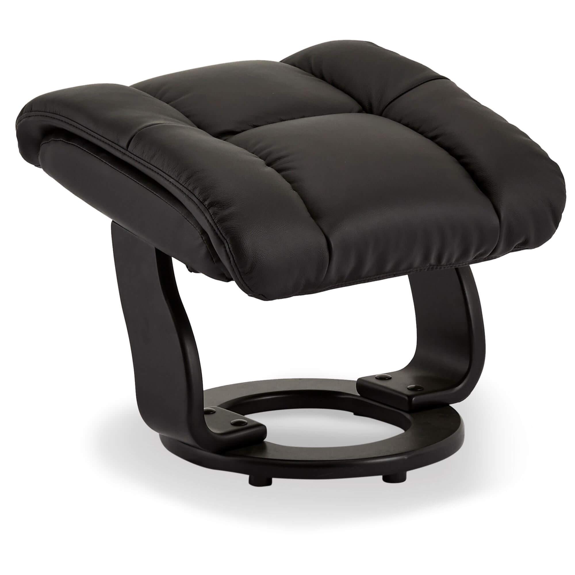 Crown Black Leather Recliner with matching footstool, showcasing elegant design and premium quality materials.