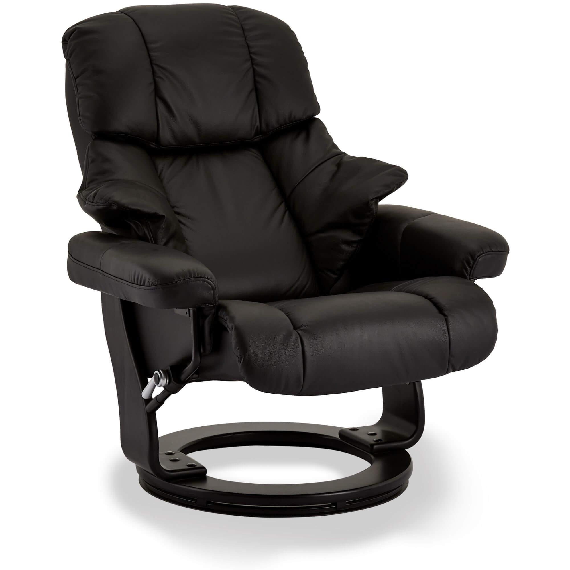 Crown Black Leather Recliner with matching footstool, showcasing elegant design and premium quality materials.