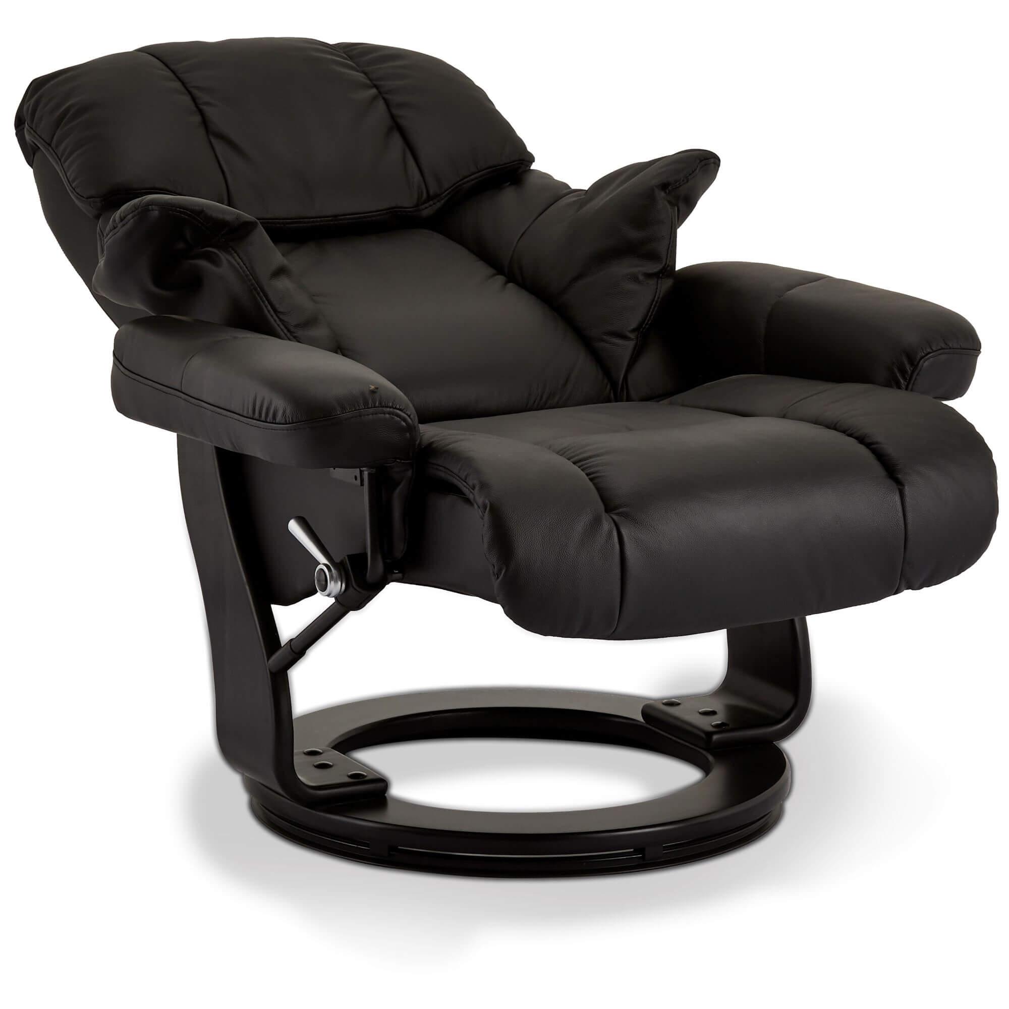 Crown Black Leather Recliner with matching footstool, showcasing elegant design and premium quality materials.