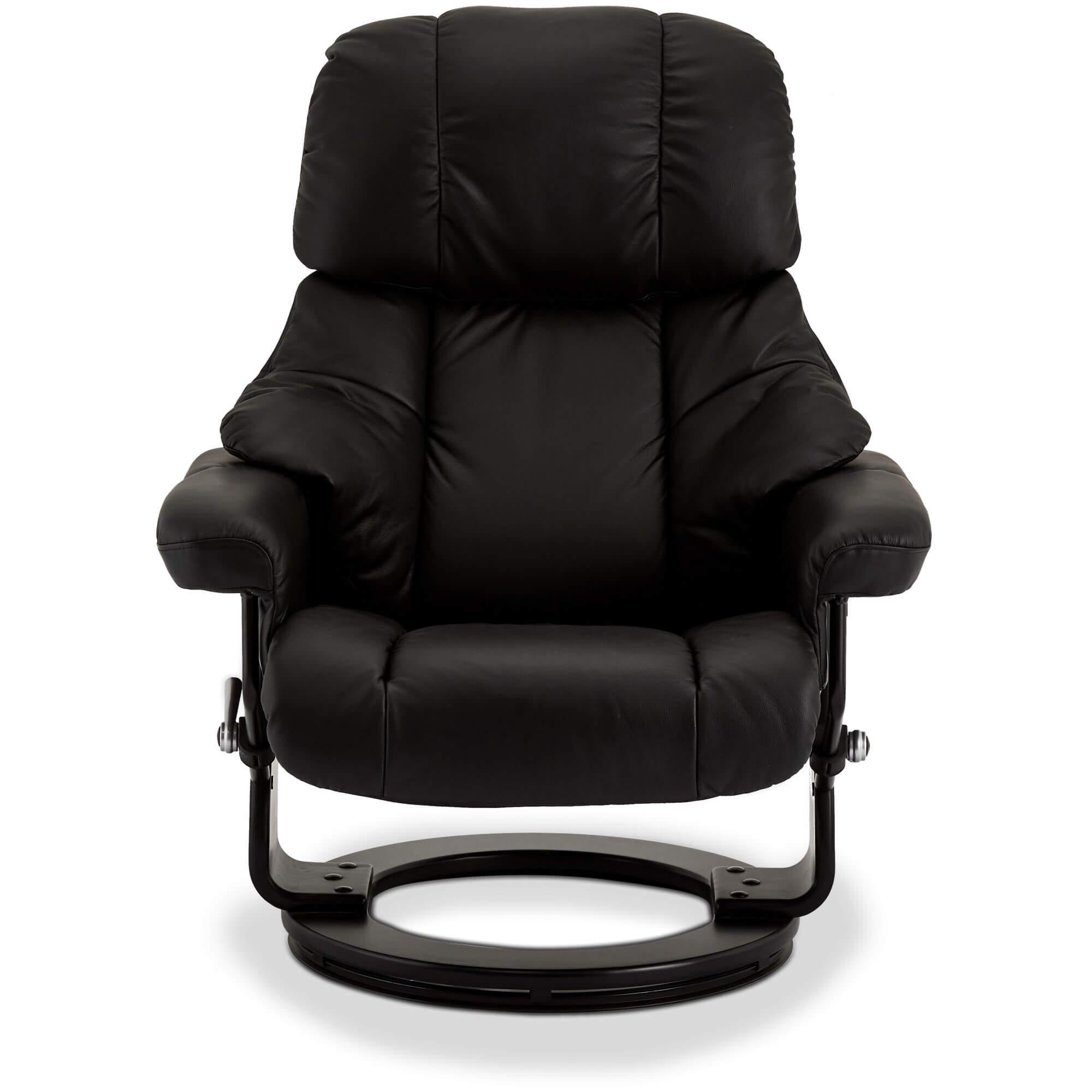 Crown Black Leather Recliner with matching footstool, showcasing elegant design and premium quality materials.