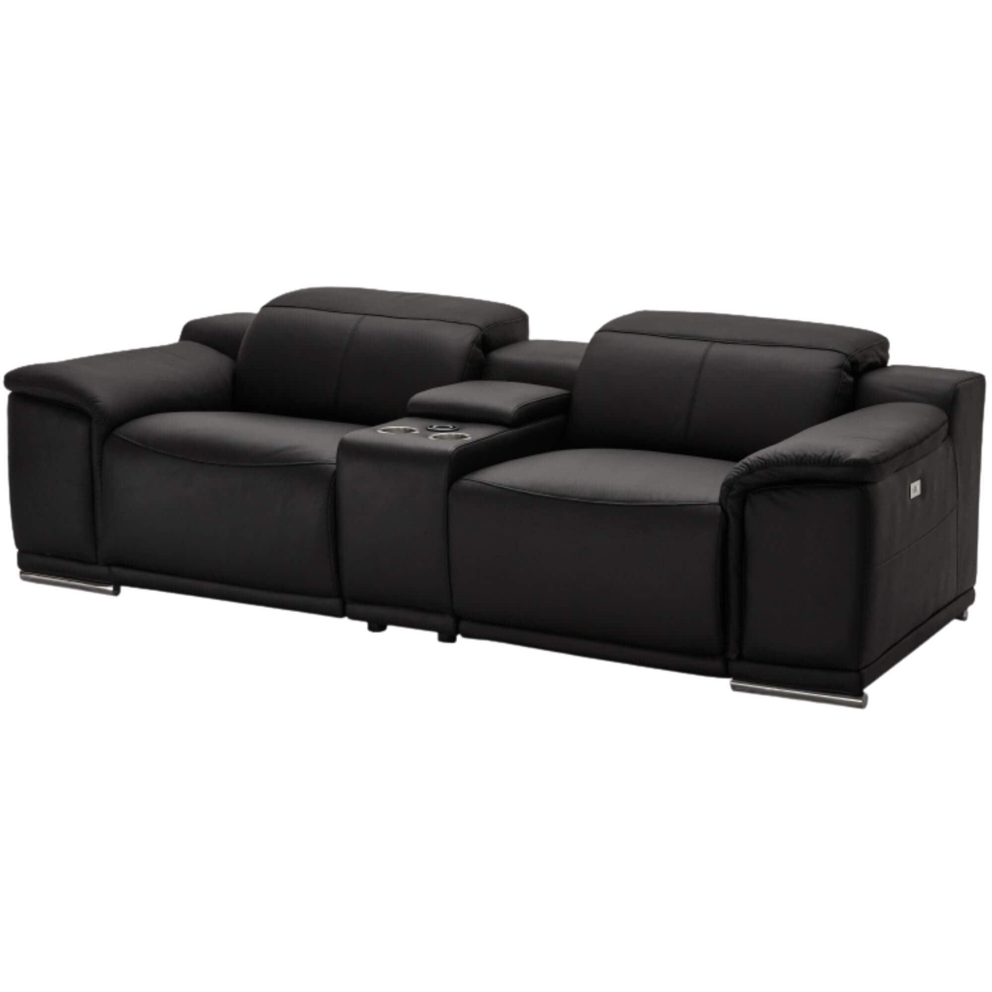 Reclining 2-Seater Sofa Alexa Black with luxurious leather upholstery, USB ports, cup holders, and wireless charging feature.