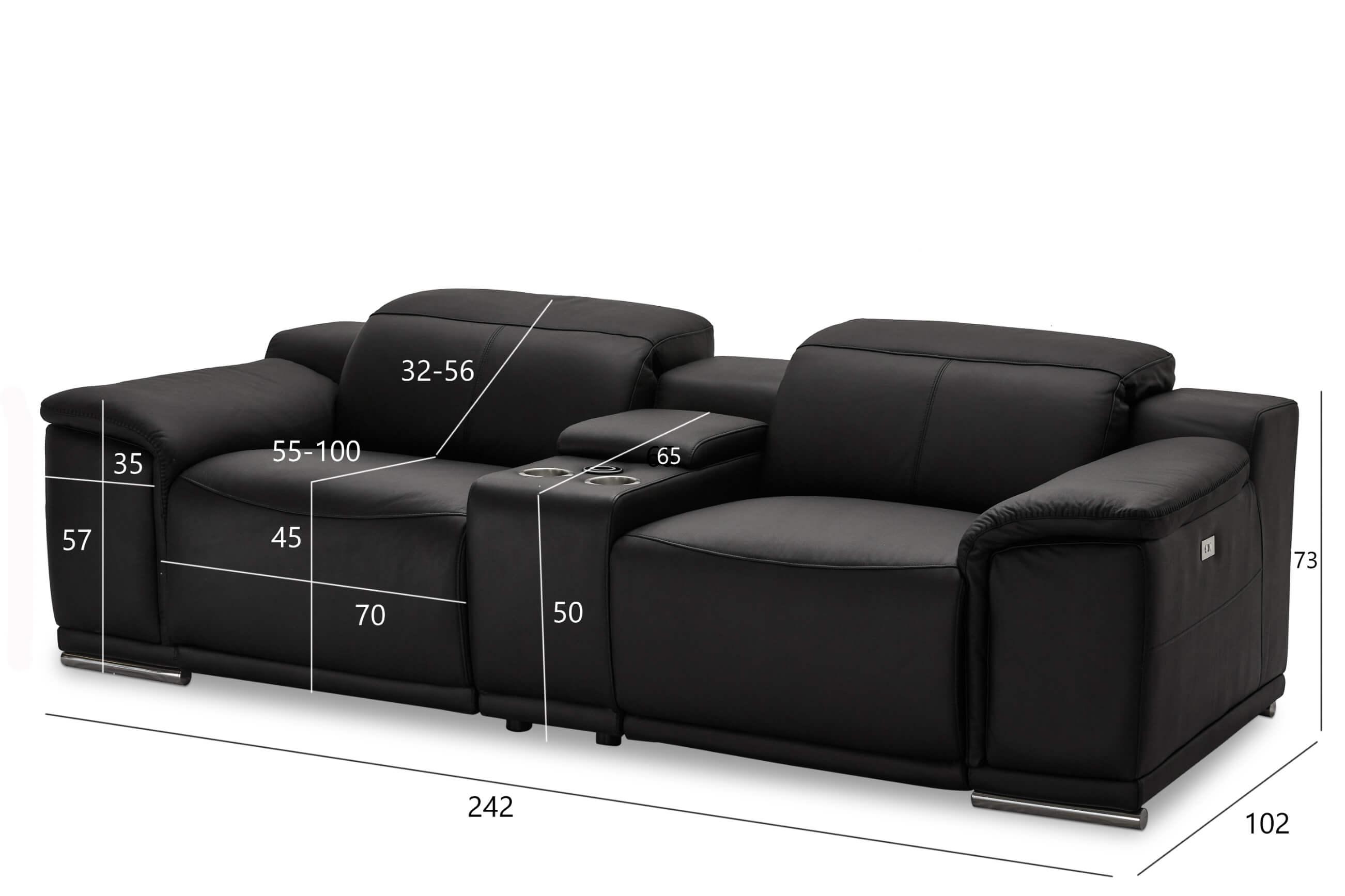 Reclining 2-Seater Sofa Alexa Black with luxurious leather upholstery, USB ports, cup holders, and wireless charging feature.