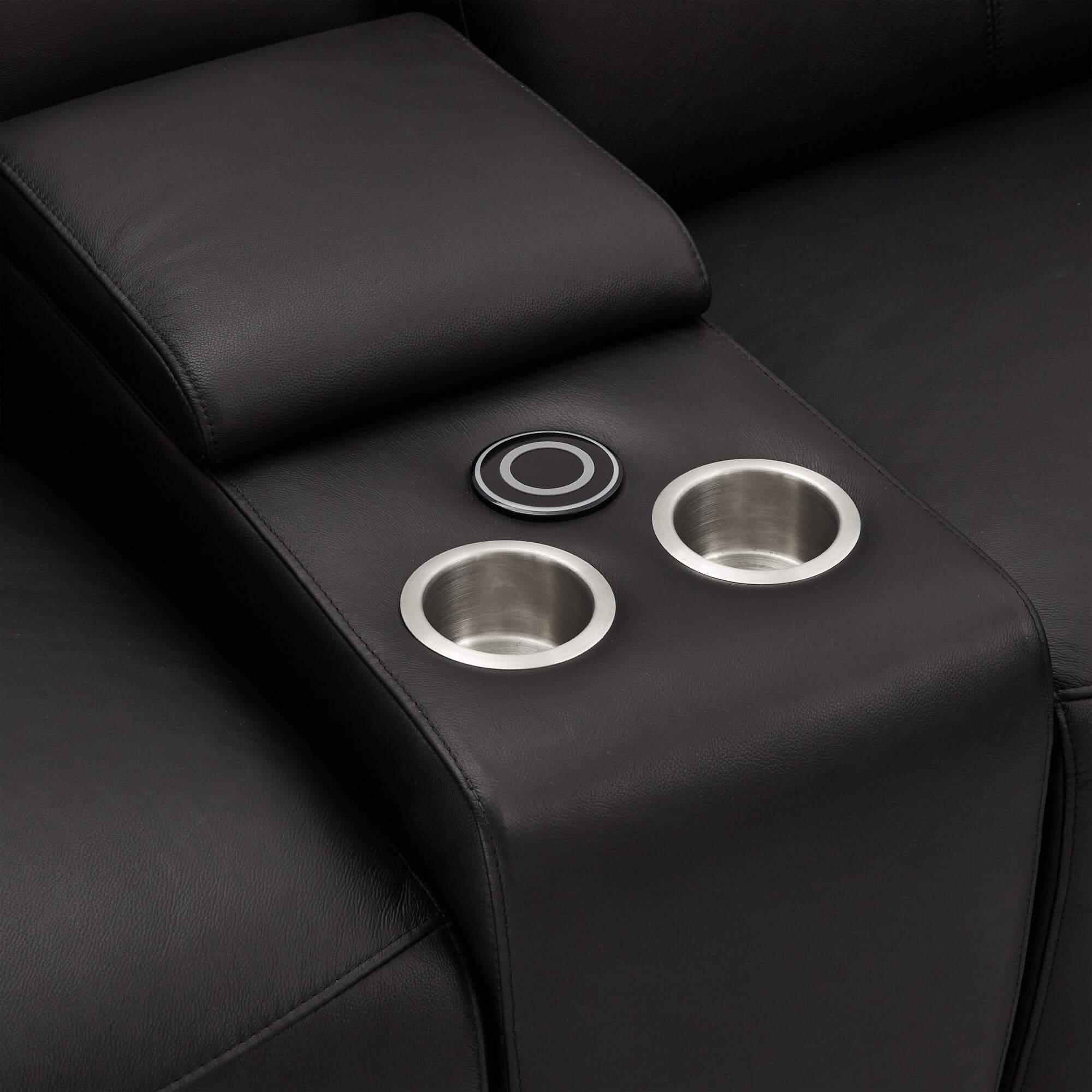 Reclining 2-Seater Sofa Alexa Black with luxurious leather upholstery, USB ports, cup holders, and wireless charging feature.