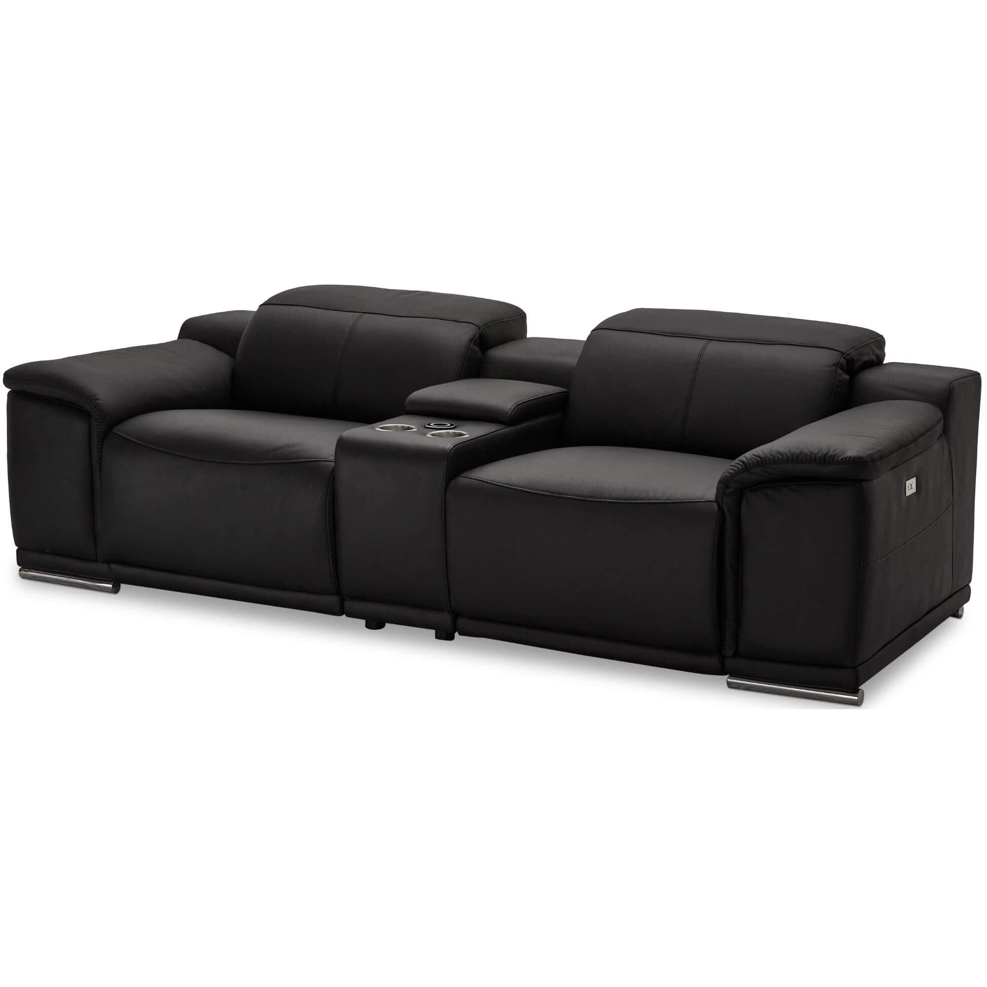 Reclining 2-Seater Sofa Alexa Black with luxurious leather upholstery, USB ports, cup holders, and wireless charging feature.