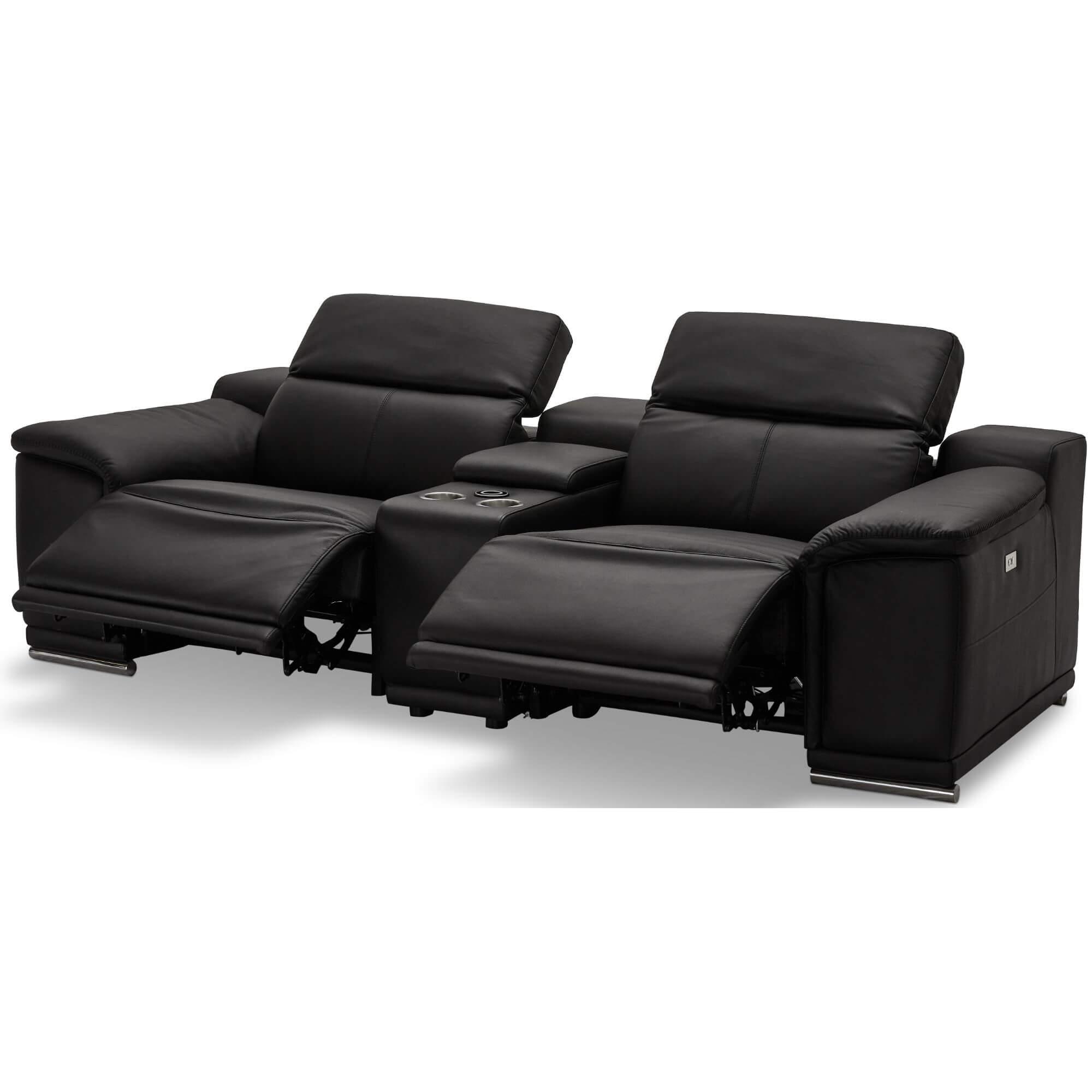 Reclining 2-Seater Sofa Alexa Black with luxurious leather upholstery, USB ports, cup holders, and wireless charging feature.