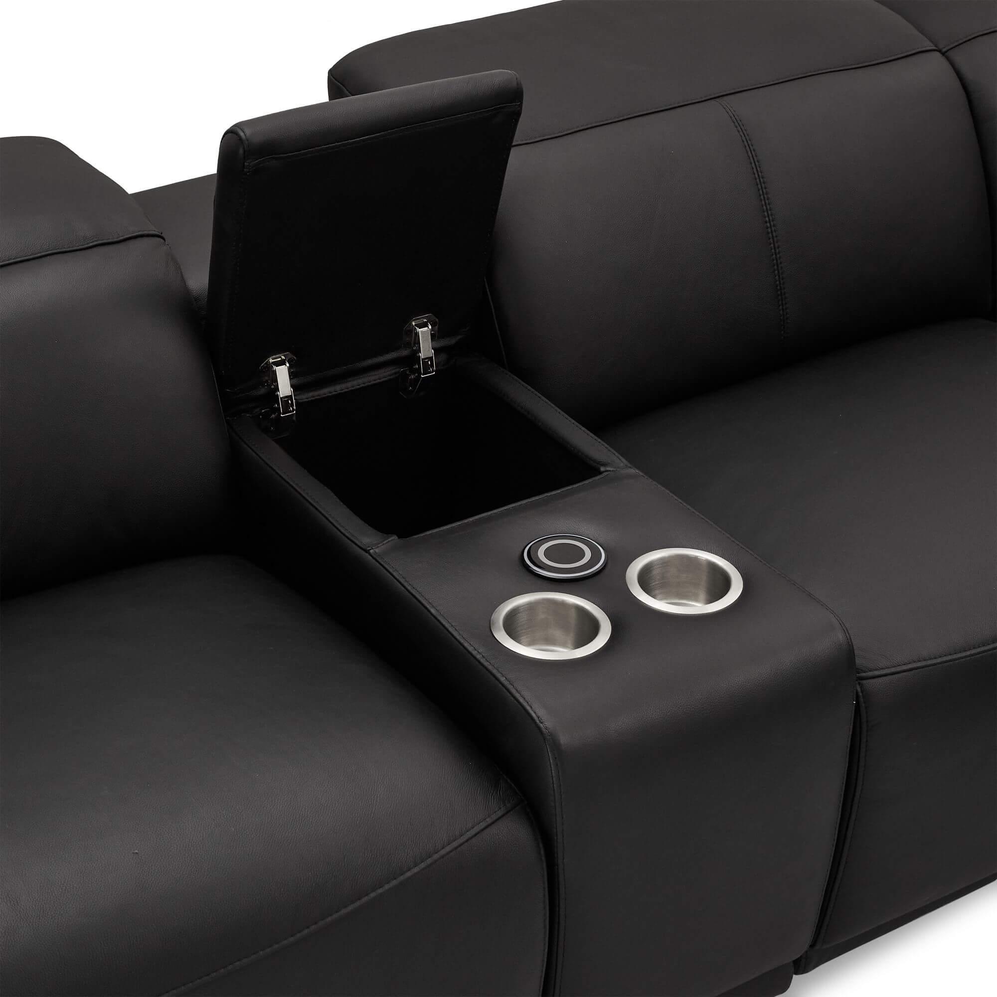 Reclining 2-Seater Sofa Alexa Black with luxurious leather upholstery, USB ports, cup holders, and wireless charging feature.