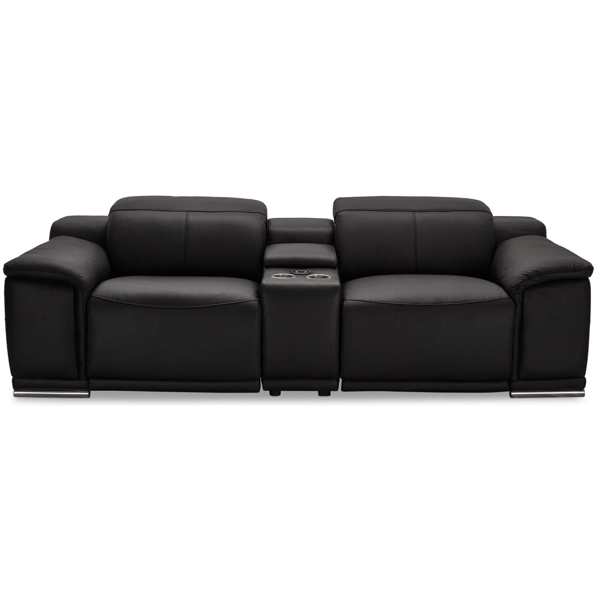 Reclining 2-Seater Sofa Alexa Black with luxurious leather upholstery, USB ports, cup holders, and wireless charging feature.