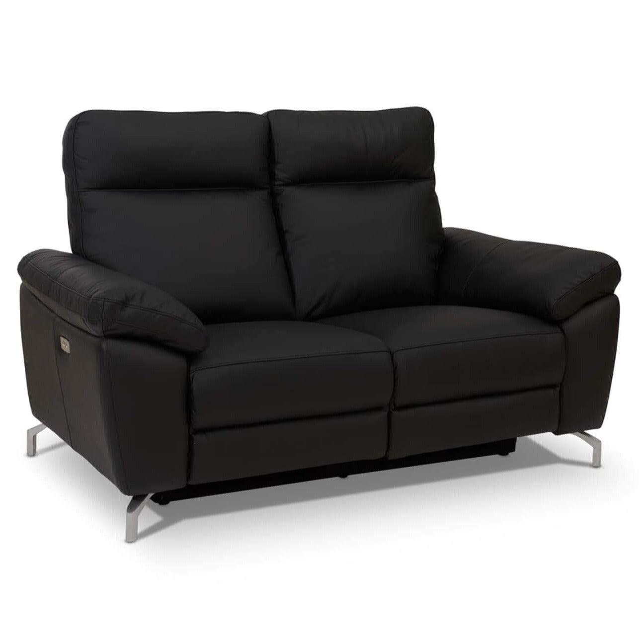 Luxurious Reclining 2-Seater Sofa Selesta in Black Leather with USB ports and electric relaxation feature, elegantly designed for modern living rooms.