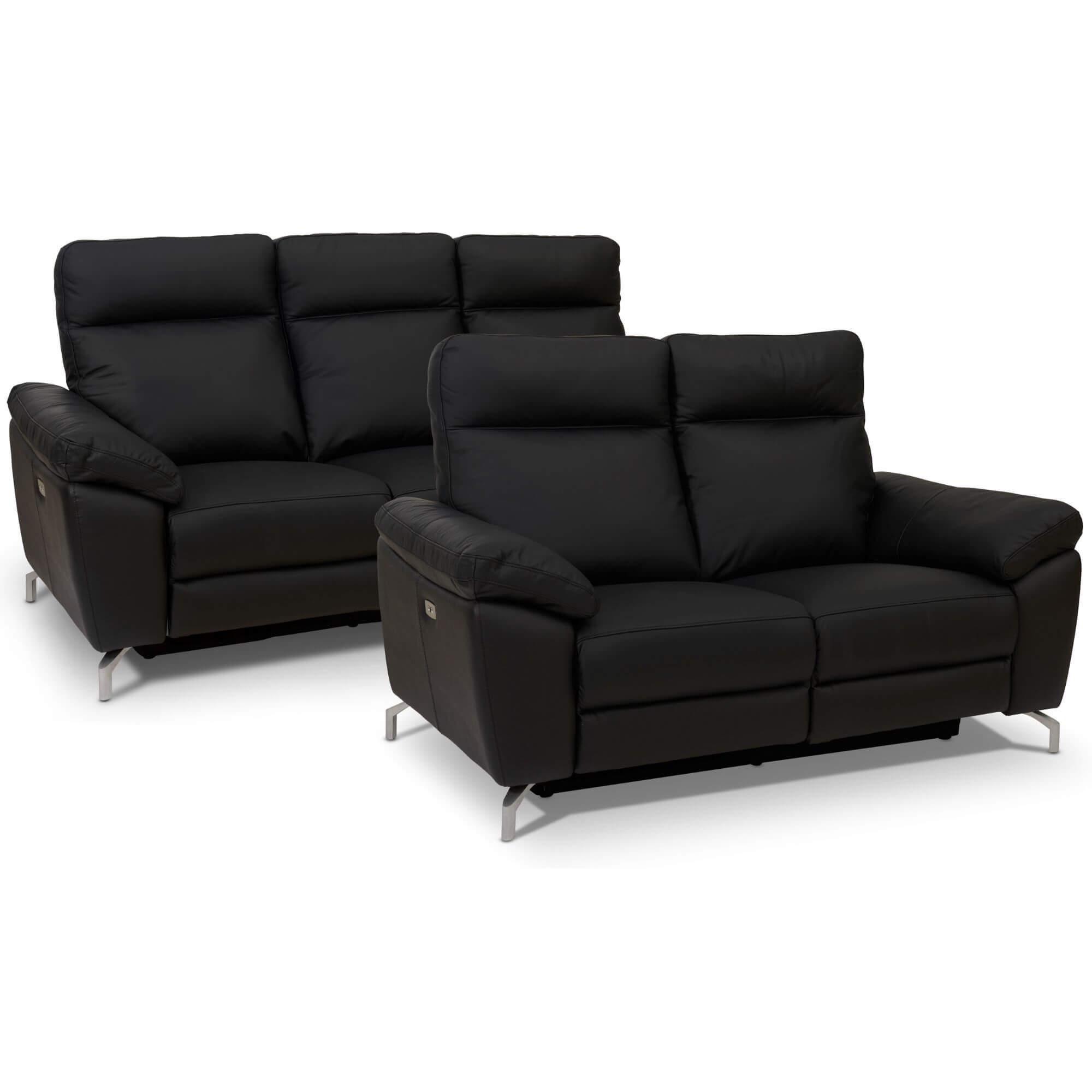 Luxurious Reclining 2-Seater Sofa Selesta in Black Leather with USB ports and electric relaxation feature, elegantly designed for modern living rooms.