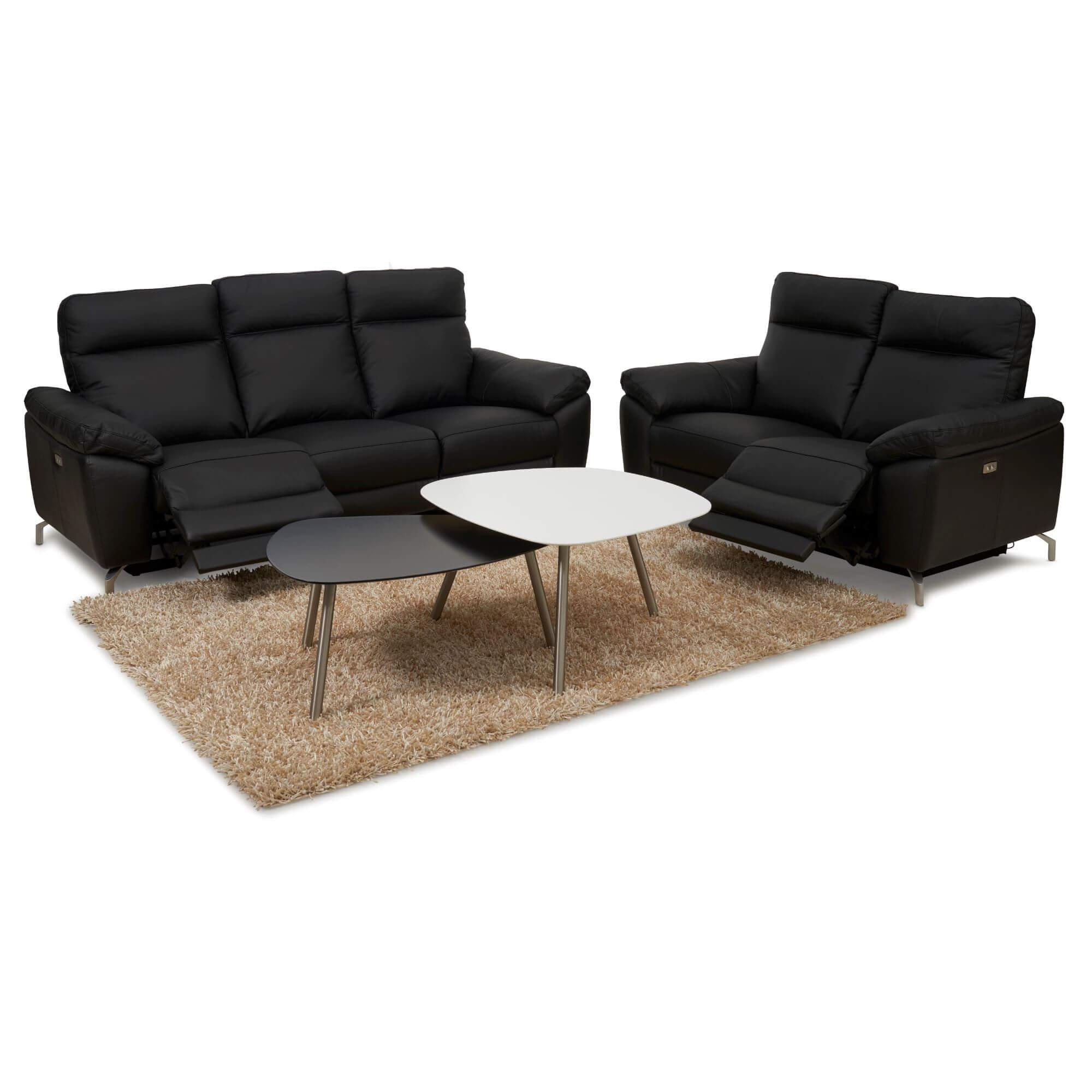 Luxurious Reclining 2-Seater Sofa Selesta in Black Leather with USB ports and electric relaxation feature, elegantly designed for modern living rooms.