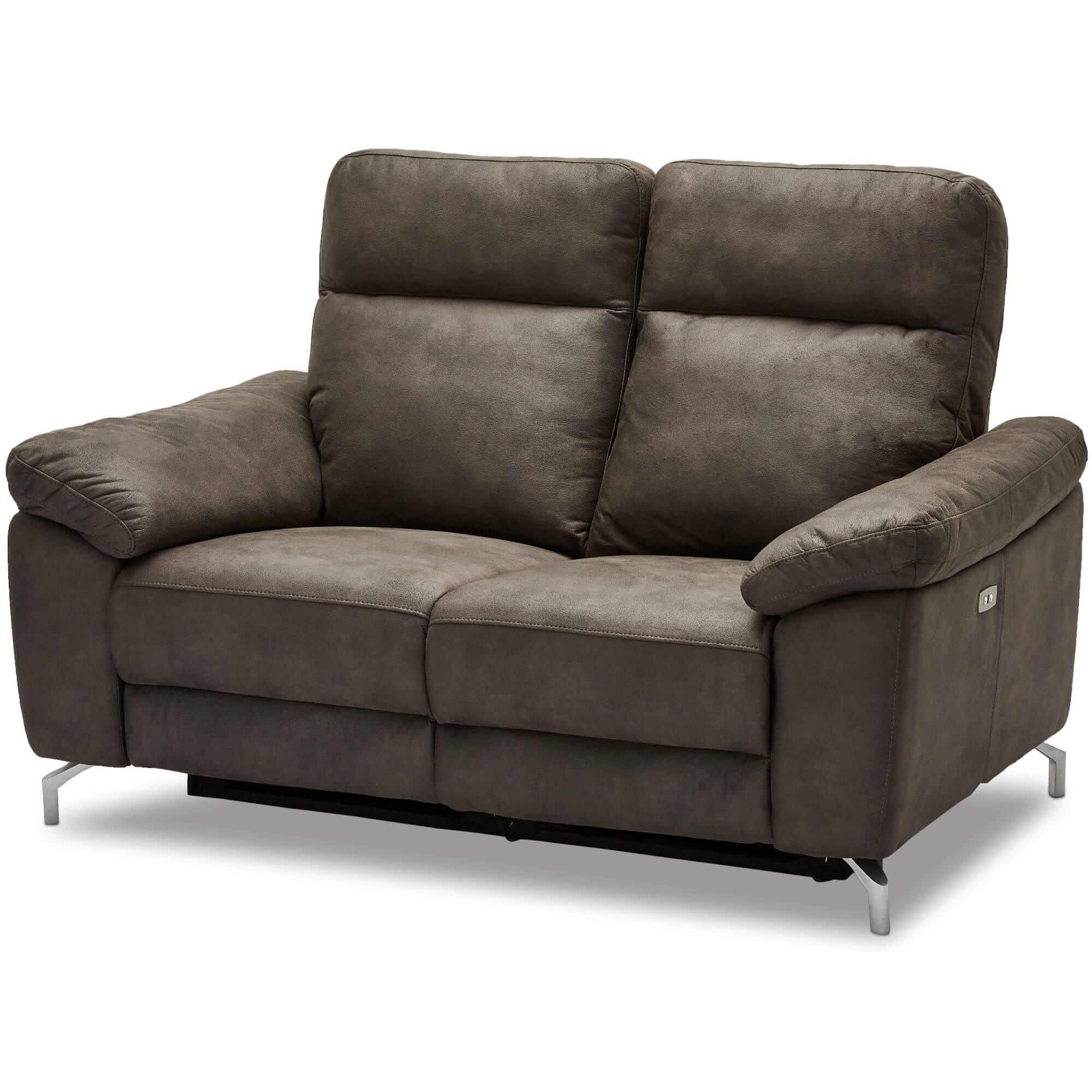 Reclining 2-Seater Sofa Selesta in brown fabric, showcasing its elegant design and USB ports on the armrests.