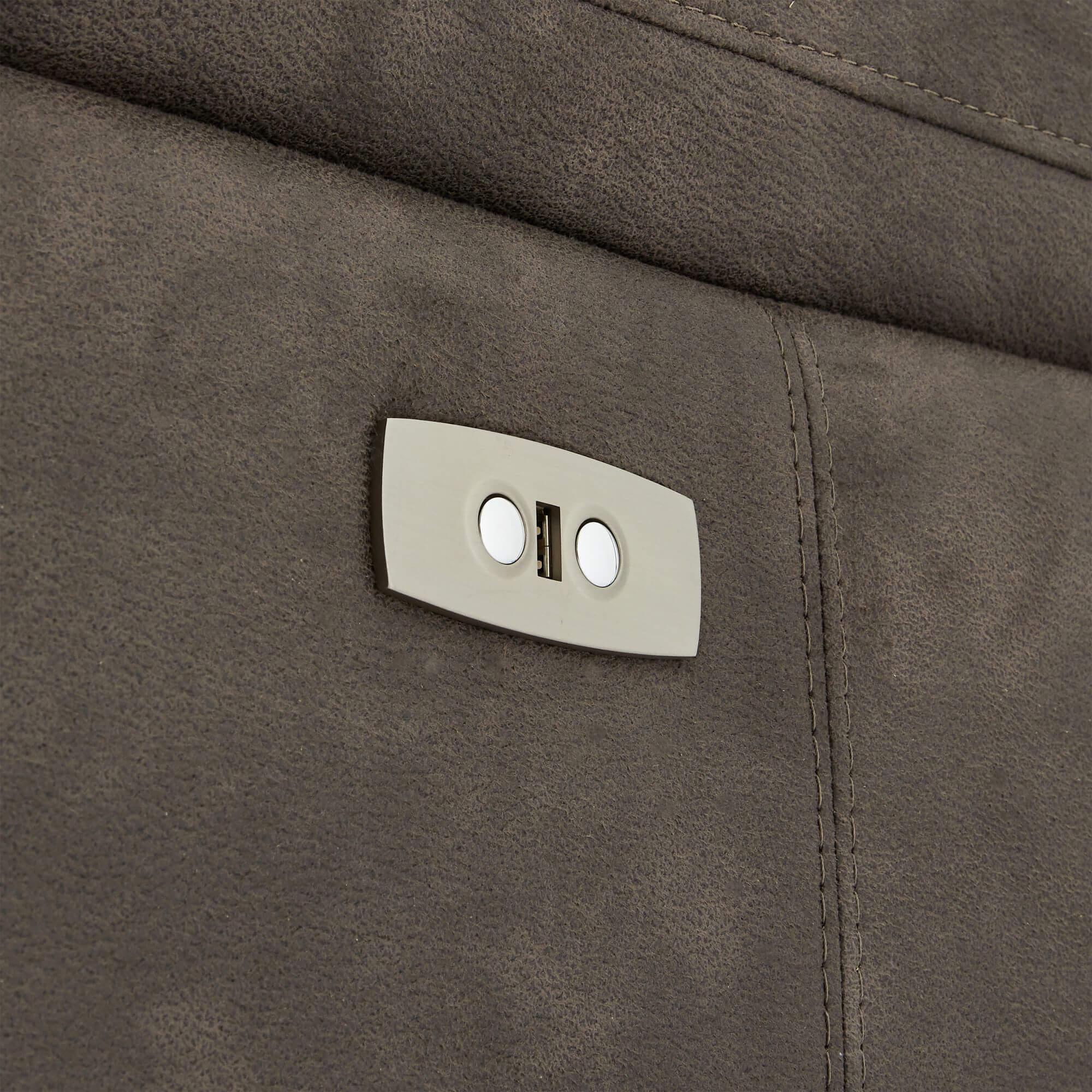 Reclining 2-Seater Sofa Selesta in brown fabric, showcasing its elegant design and USB ports on the armrests.