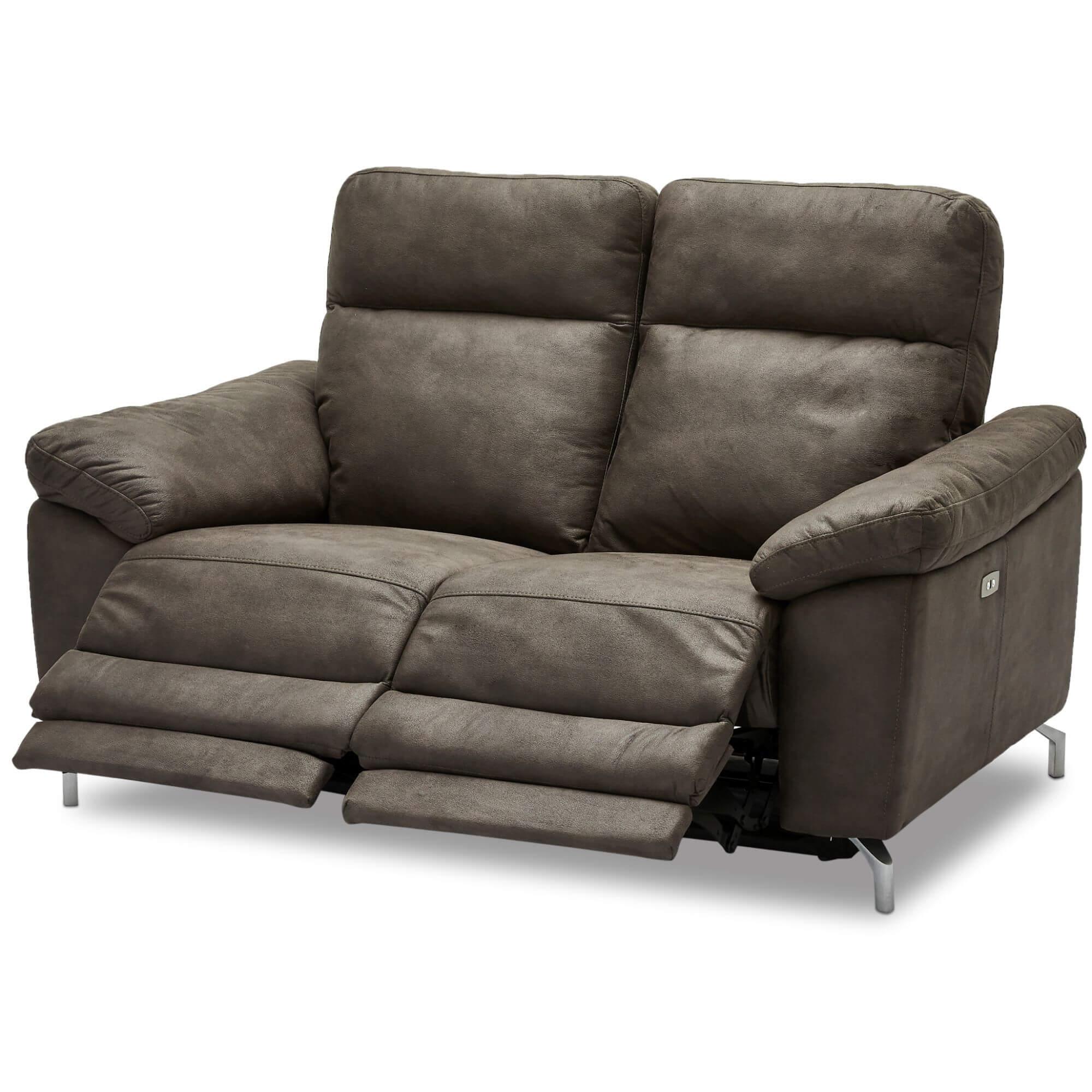 Reclining 2-Seater Sofa Selesta in brown fabric, showcasing its elegant design and USB ports on the armrests.