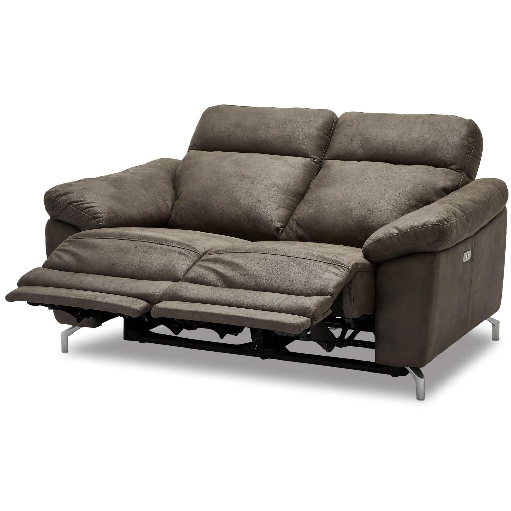 Reclining 2-Seater Sofa Selesta in brown fabric, showcasing its elegant design and USB ports on the armrests.