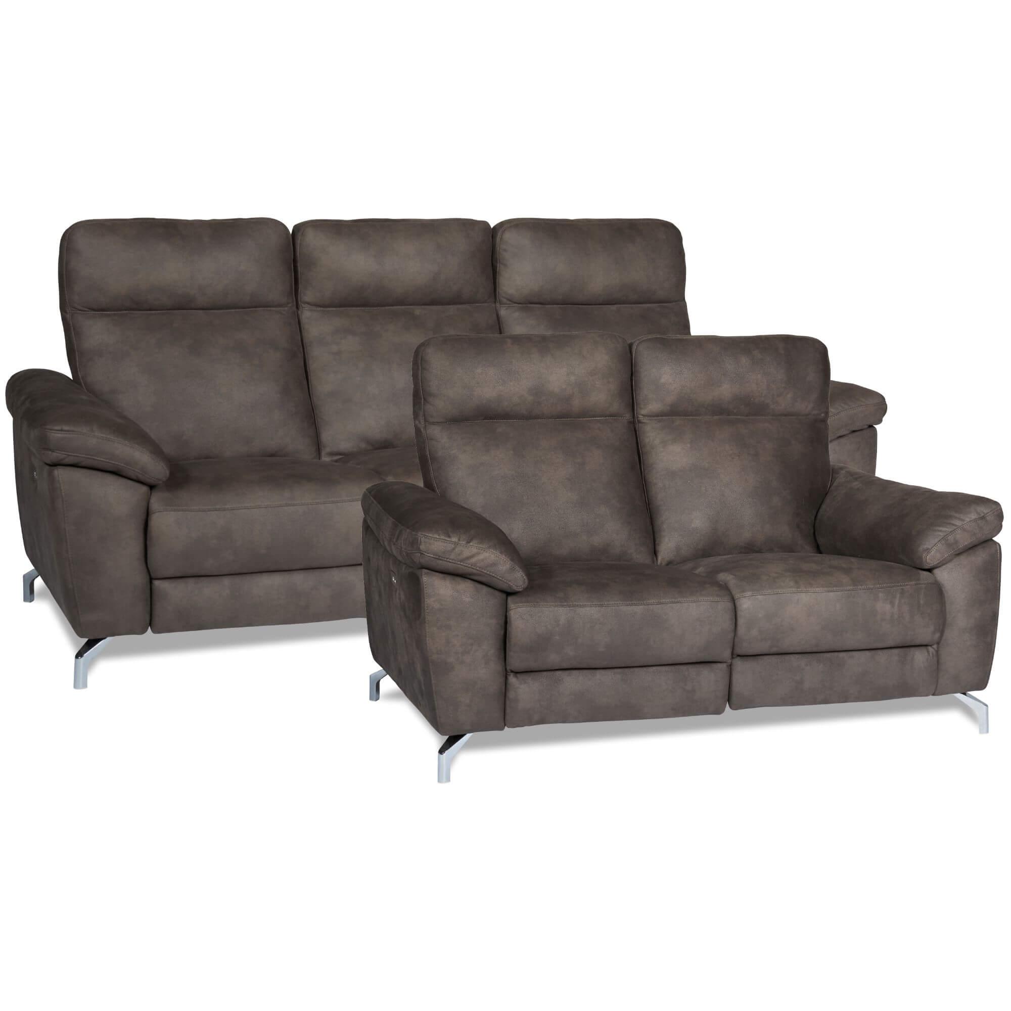 Reclining 2-Seater Sofa Selesta in brown fabric, showcasing its elegant design and USB ports on the armrests.