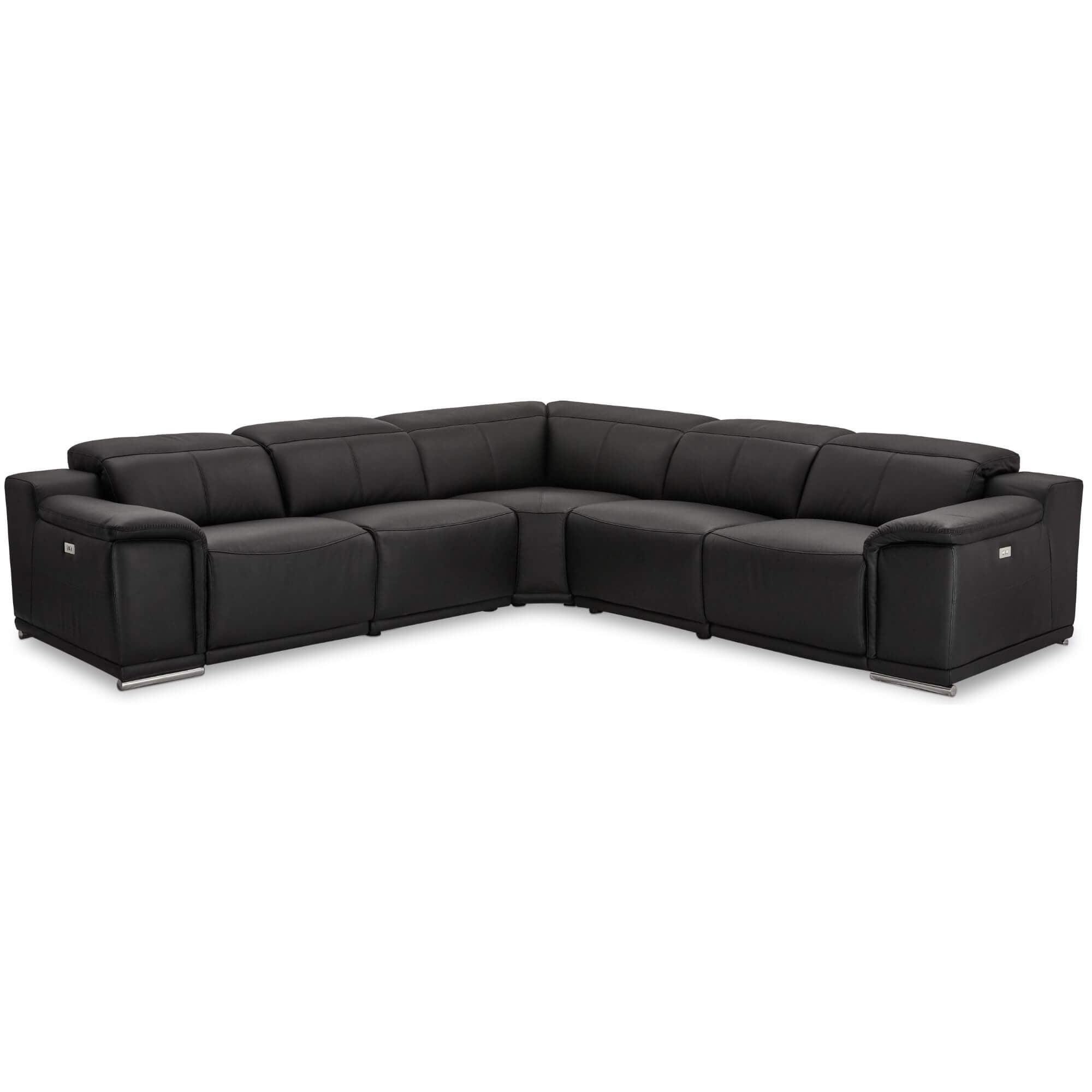 Reclining L-Shape Sofa Alexa in luxurious black leather with USB ports and cup holders.