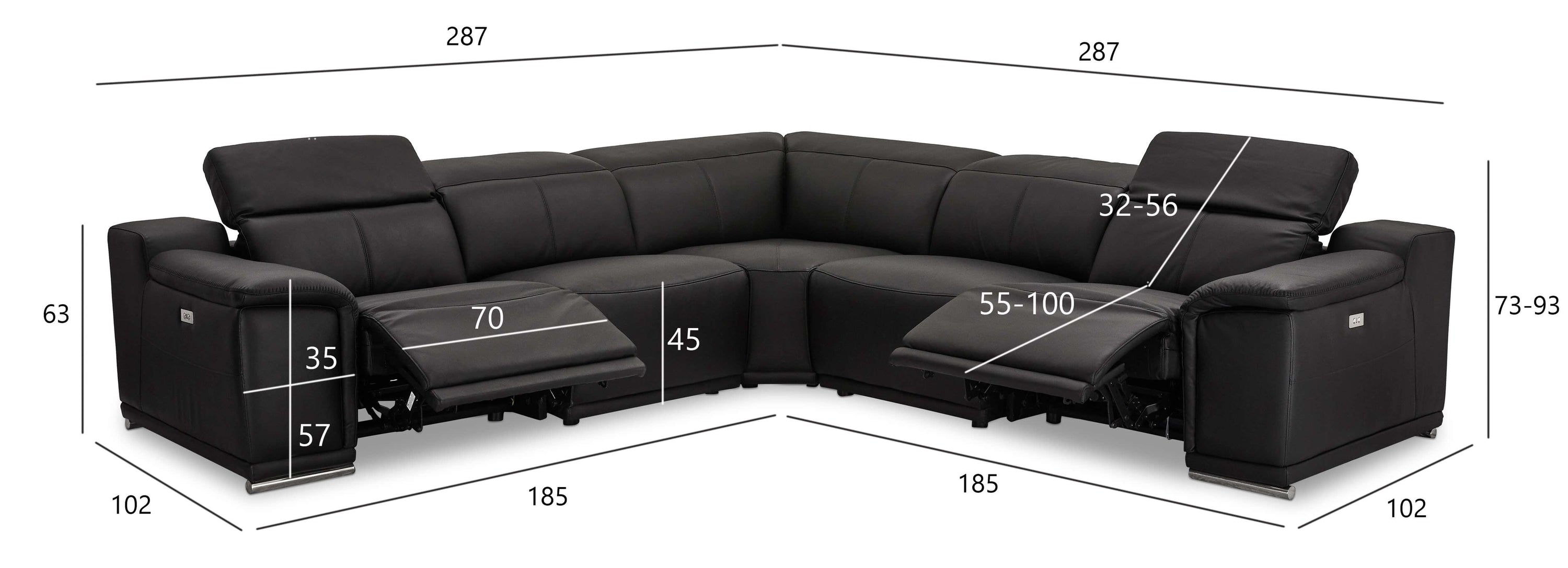 Reclining L-Shape Sofa Alexa in luxurious black leather with USB ports and cup holders.