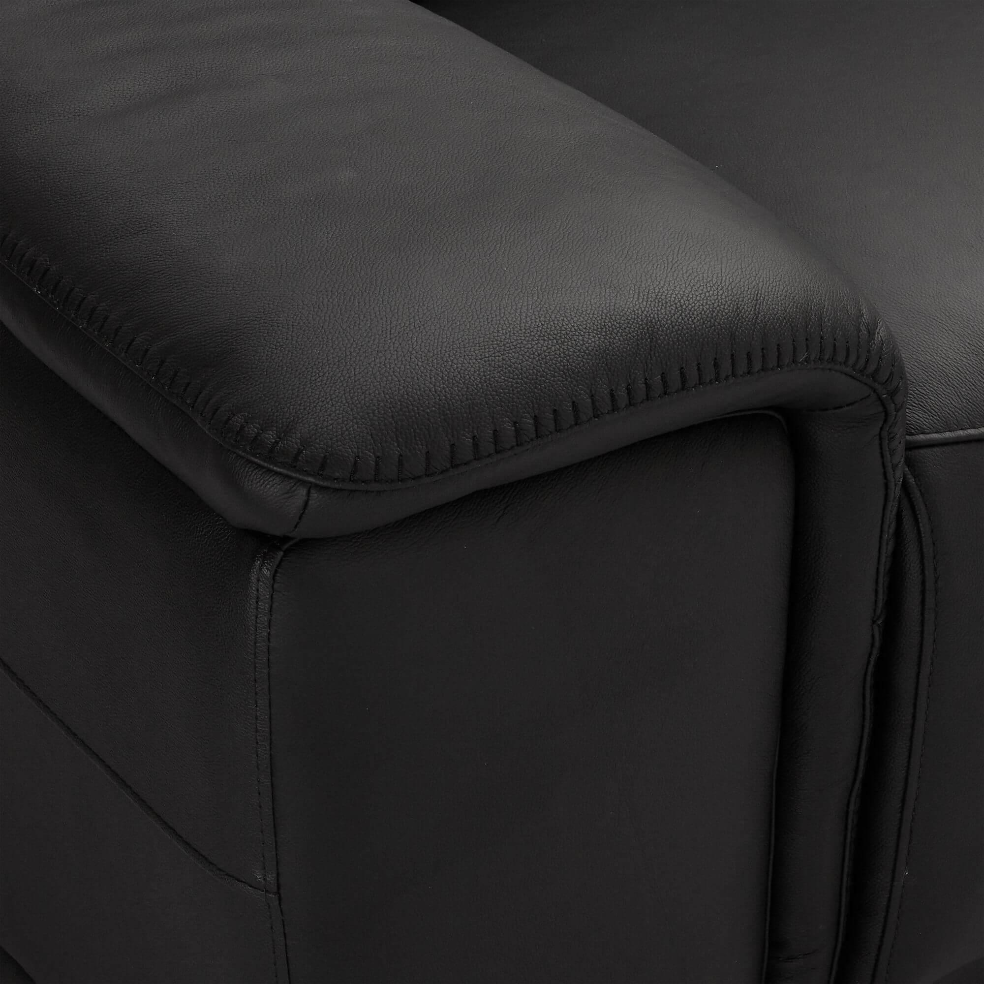 Reclining L-Shape Sofa Alexa in luxurious black leather with USB ports and cup holders.