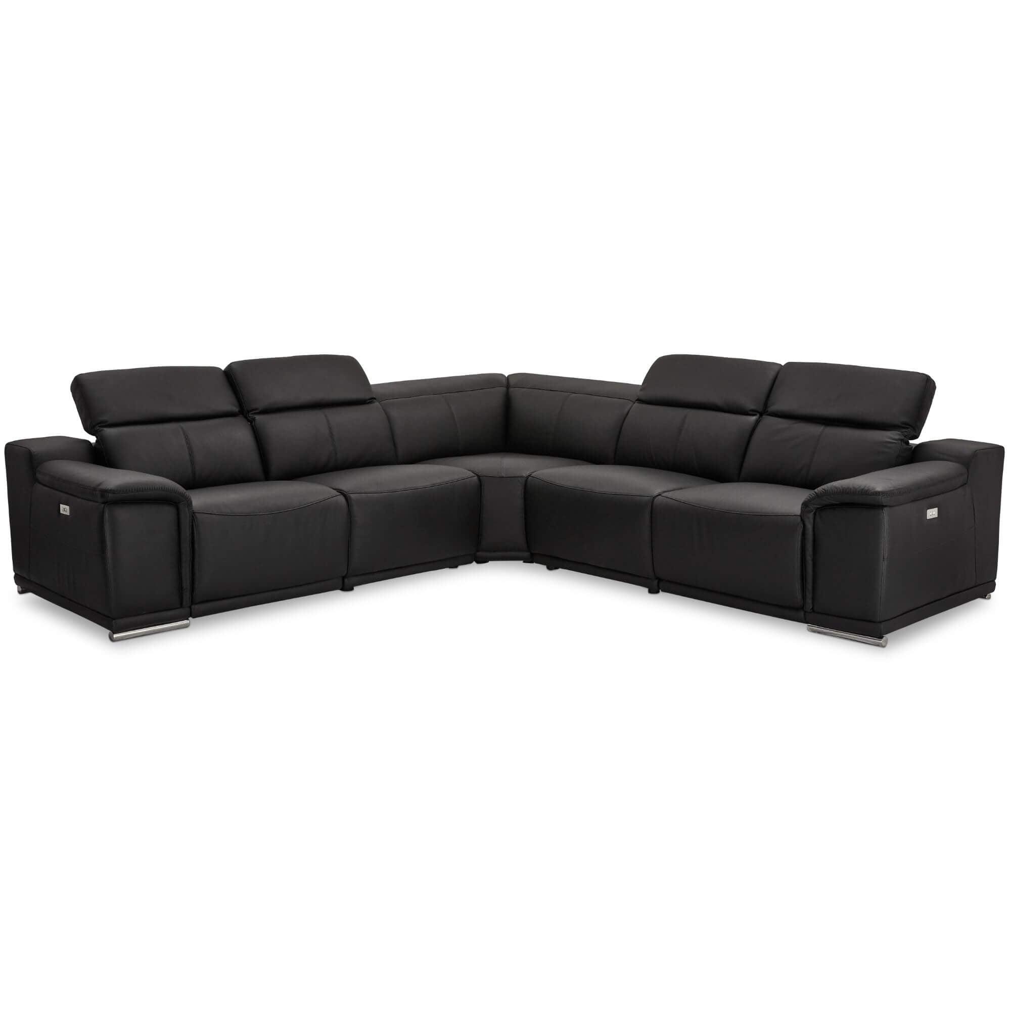 Reclining L-Shape Sofa Alexa in luxurious black leather with USB ports and cup holders.