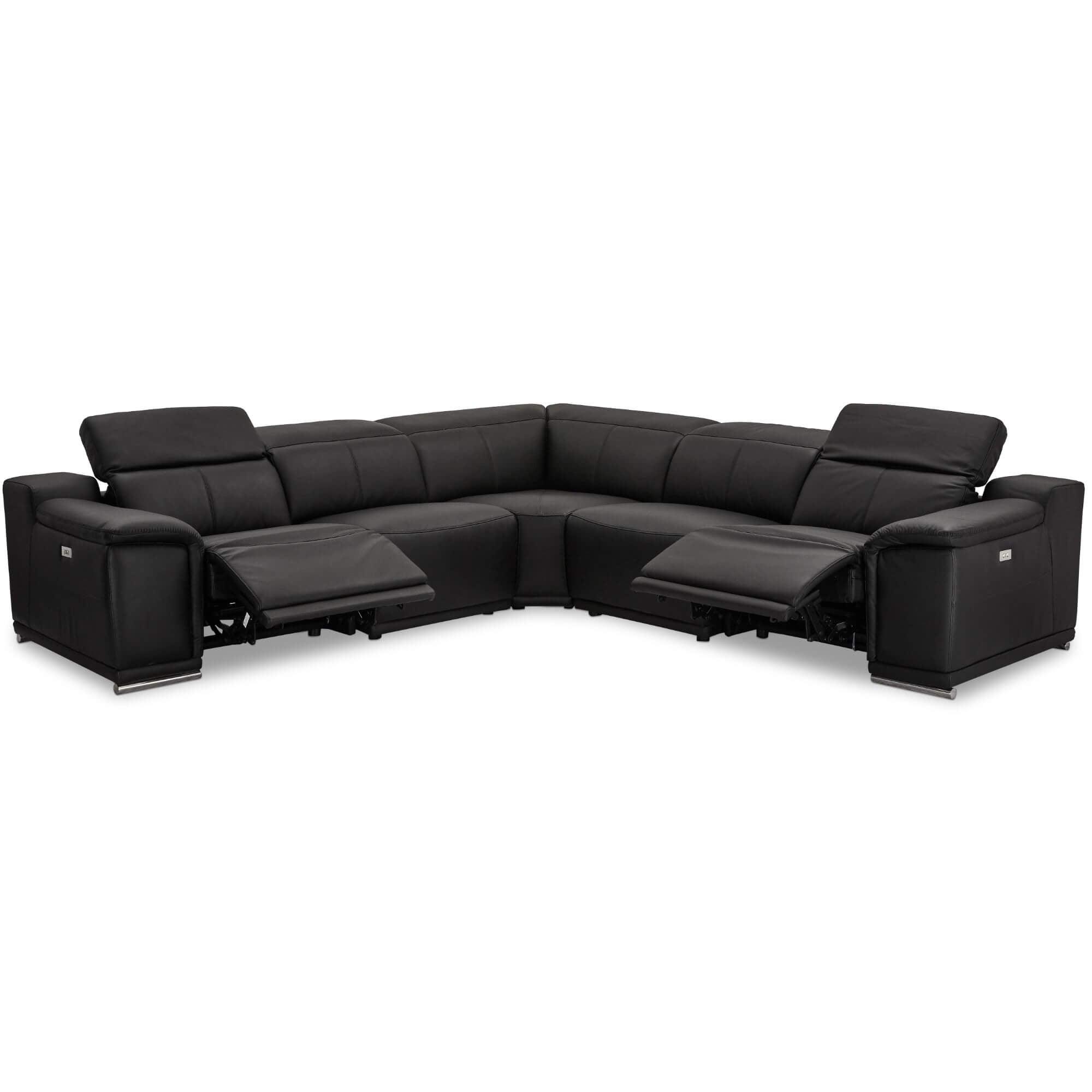 Reclining L-Shape Sofa Alexa in luxurious black leather with USB ports and cup holders.