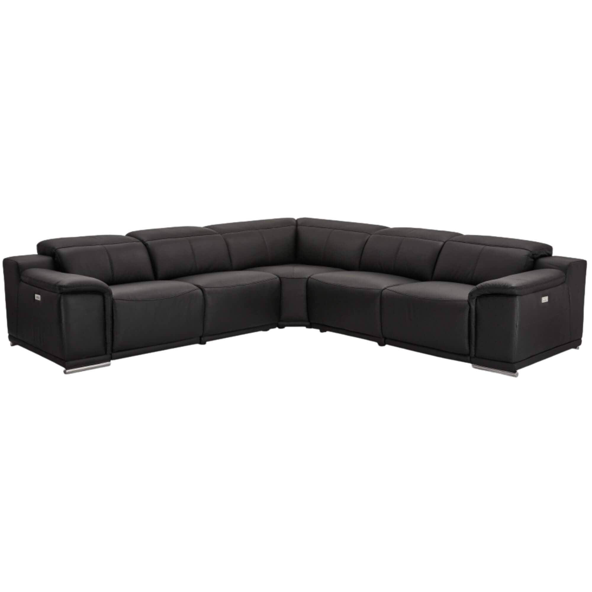 Reclining L-Shape Sofa Alexa in luxurious black leather with USB ports and cup holders.