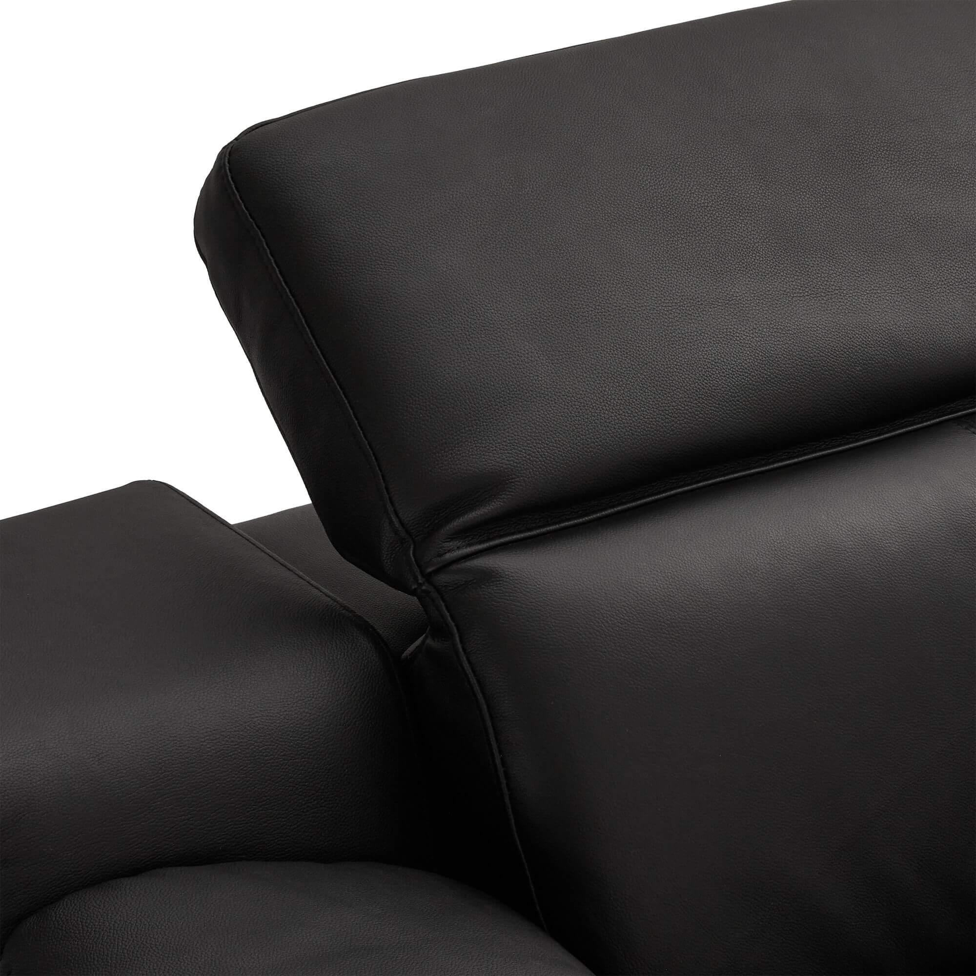 Reclining L-Shape Sofa Alexa in luxurious black leather with USB ports and cup holders.