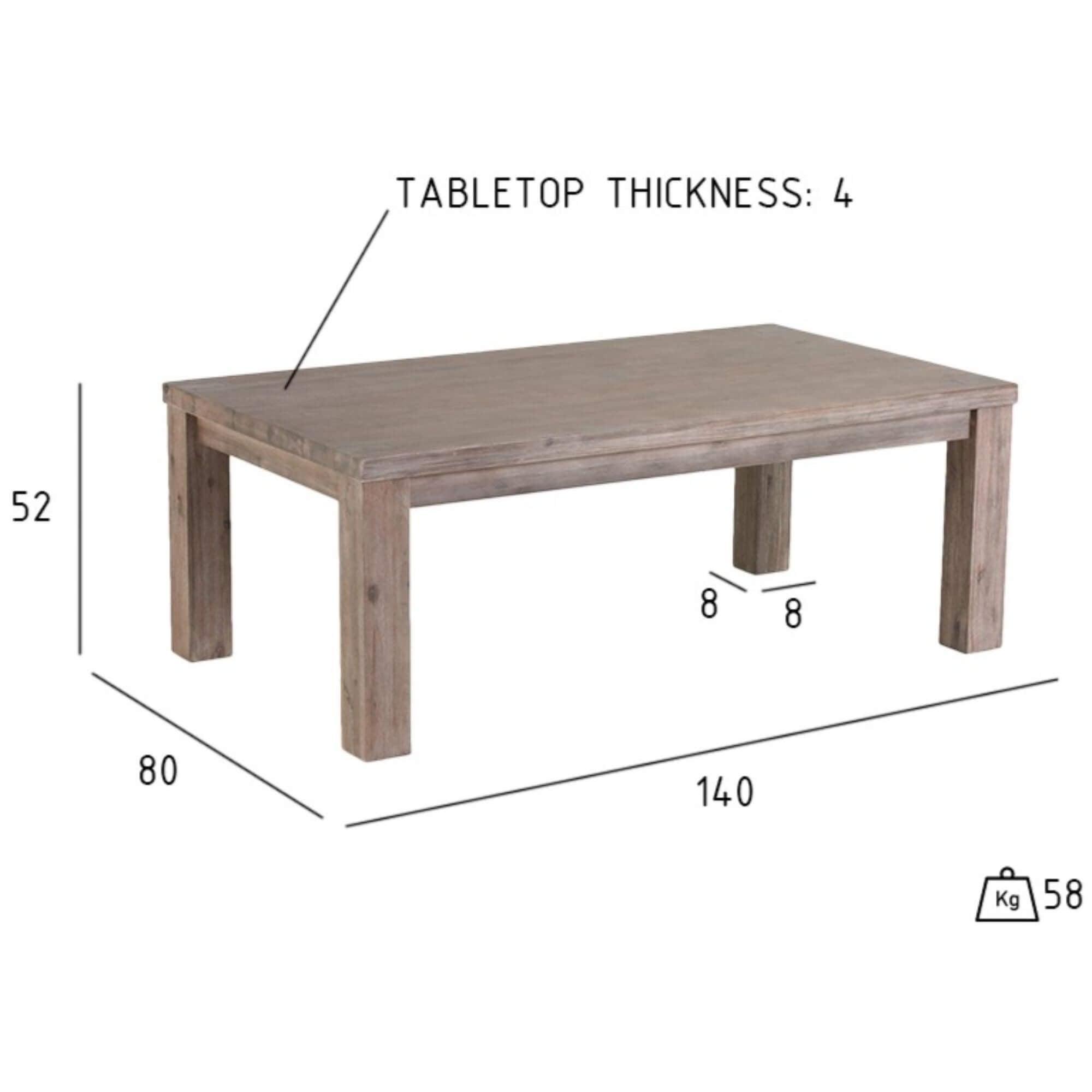 Rectangular Solid Acacia Coffee Table in Alaska design, showcasing natural wood grain and brushed finish, measuring 140x80 cm.