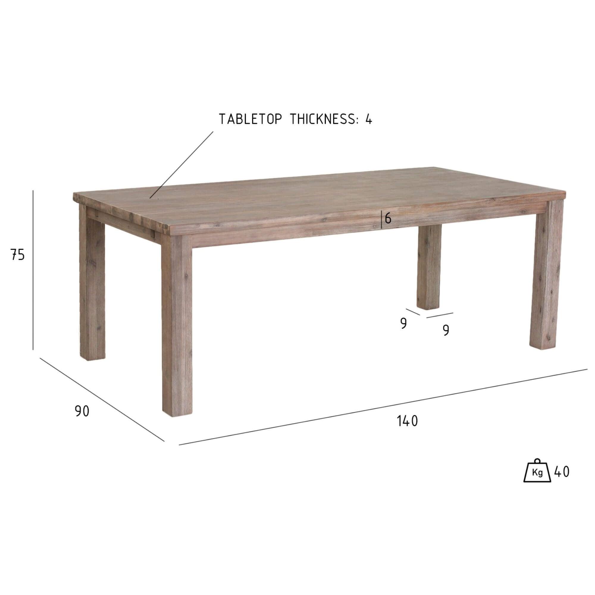 Alaska Rectangular Solid Acacia Dining Table 140x90 cm with brushed surface showcasing rich wood grain patterns.