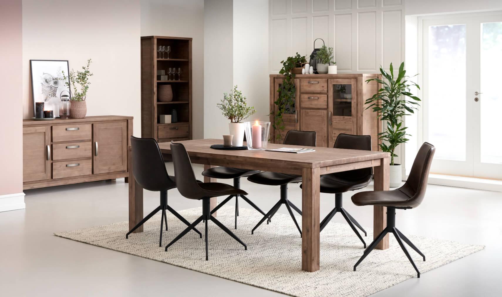 Alaska Rectangular Solid Acacia Dining Table 140x90 cm with brushed surface showcasing rich wood grain patterns.